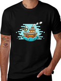 Cartoon Boat Graphic Tee - Black Cotton T-Shirt