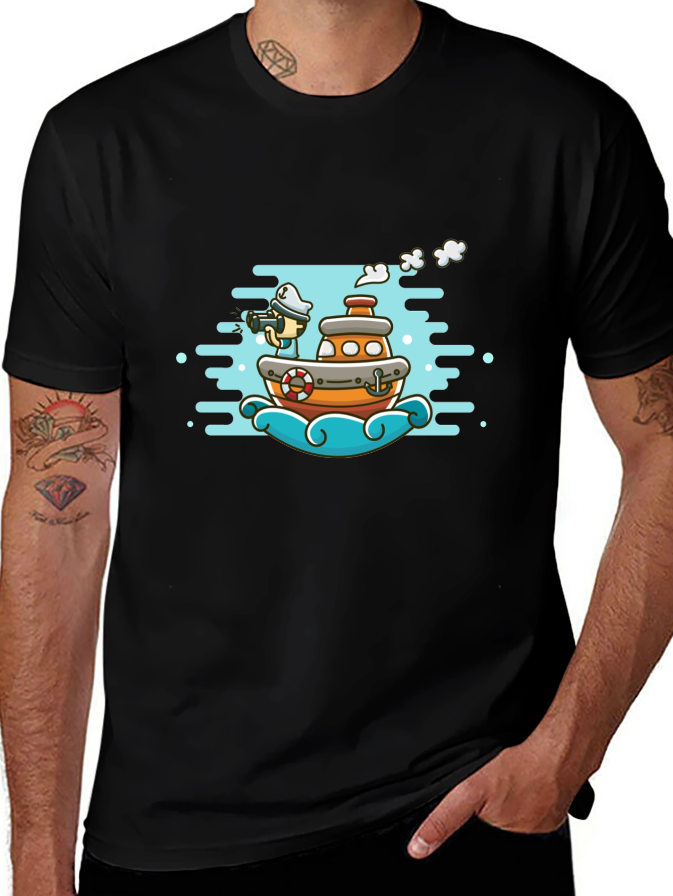 Cartoon Boat Graphic Tee - Black Cotton T-Shirt