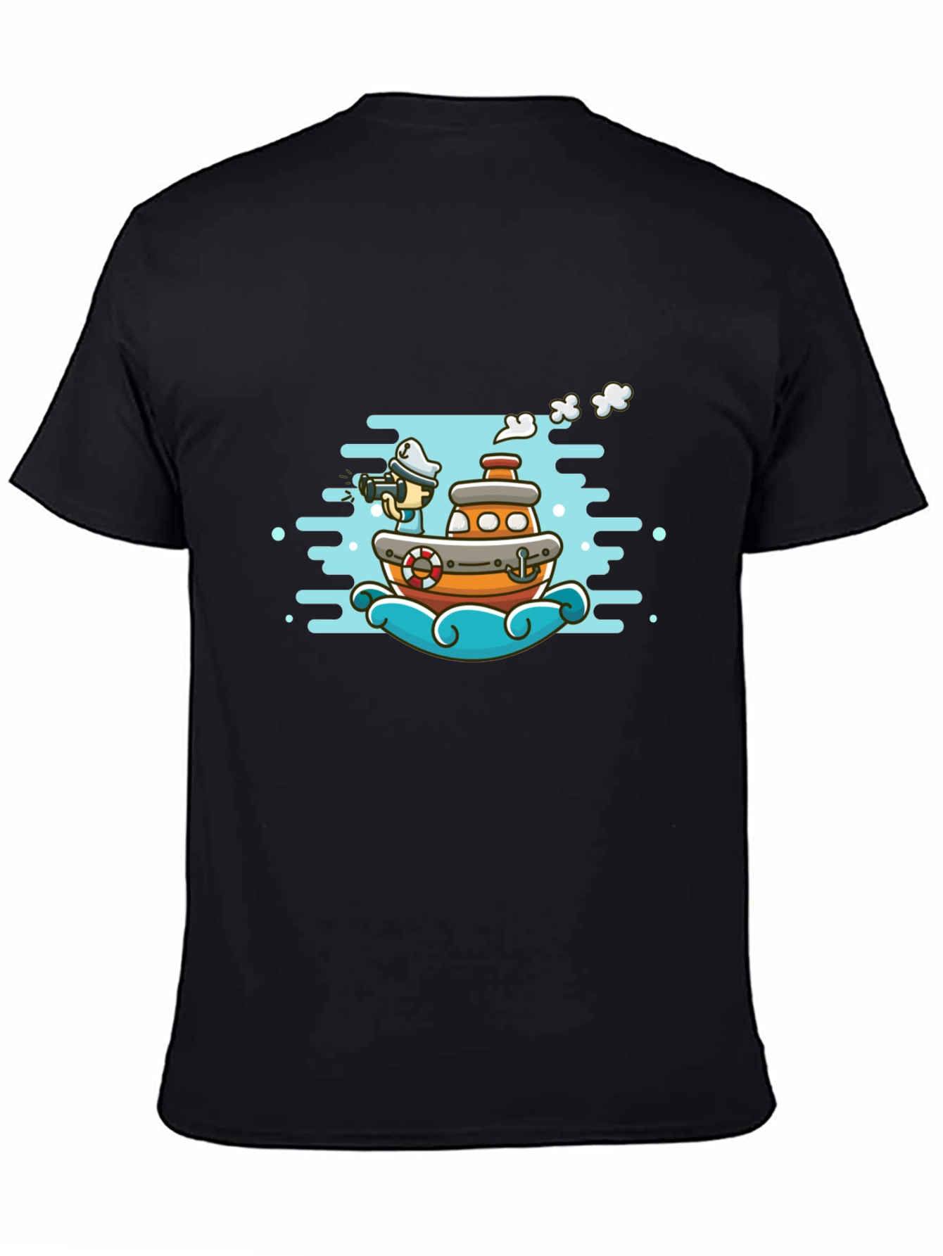Cartoon Boat Graphic Tee - Black Cotton T-Shirt