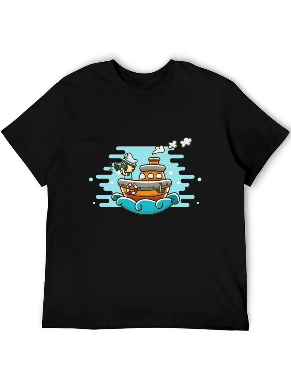Cartoon Boat Graphic Tee - Black Cotton T-Shirt