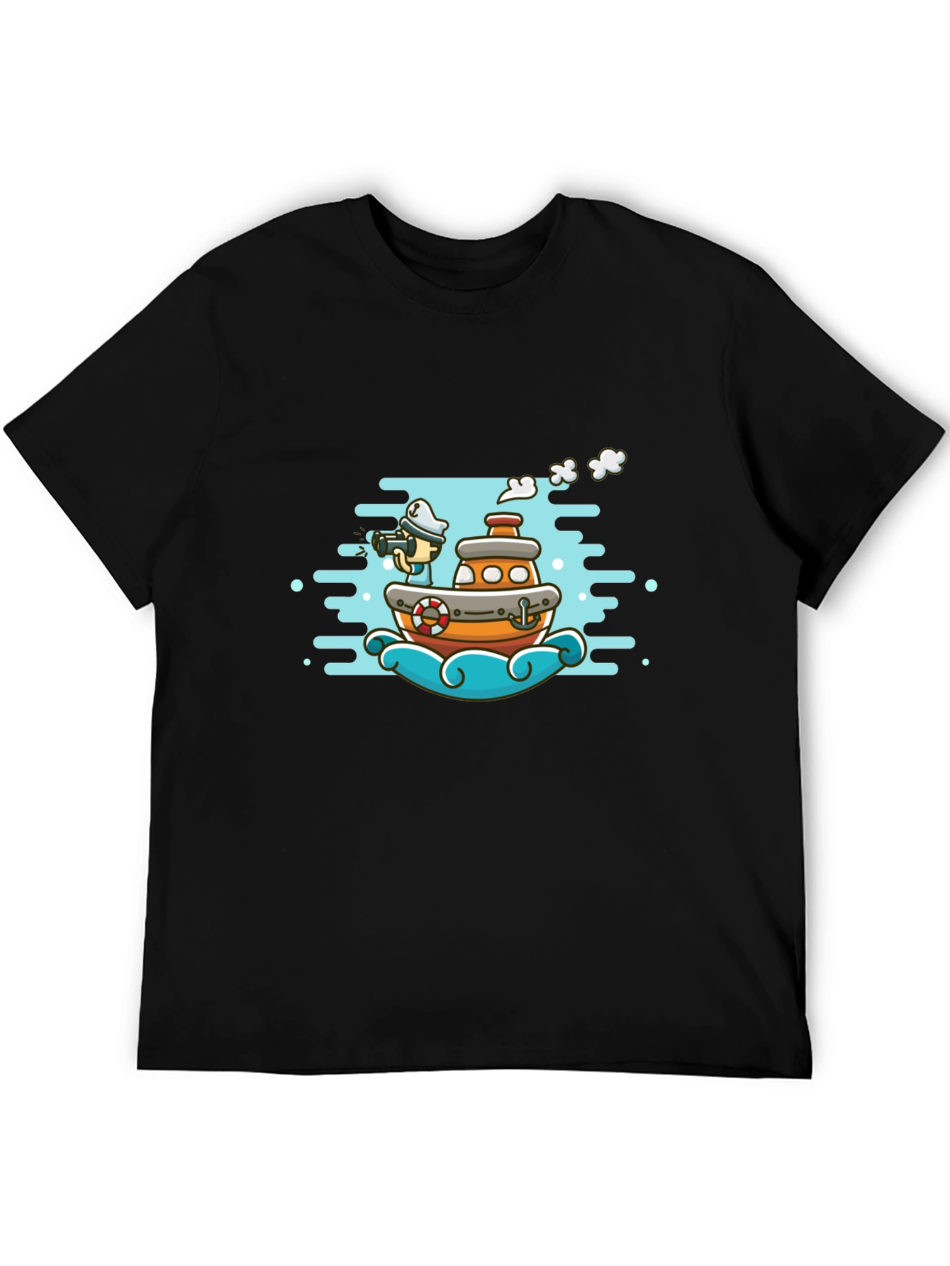 Cartoon Boat Graphic Tee - Black Cotton T-Shirt
