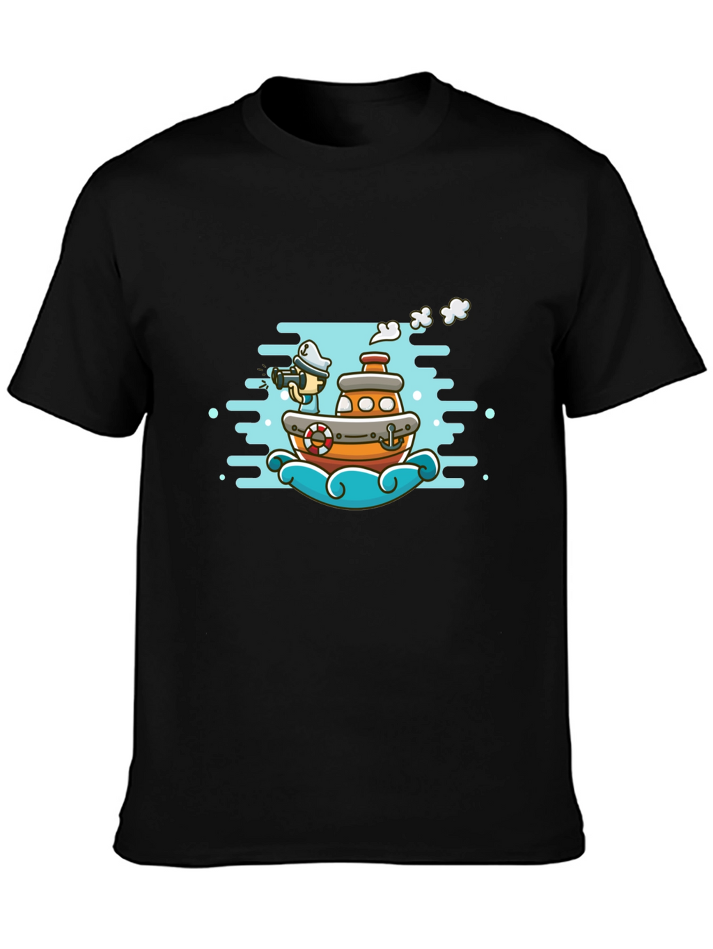 Cartoon Boat Graphic Tee - Black Cotton T-Shirt