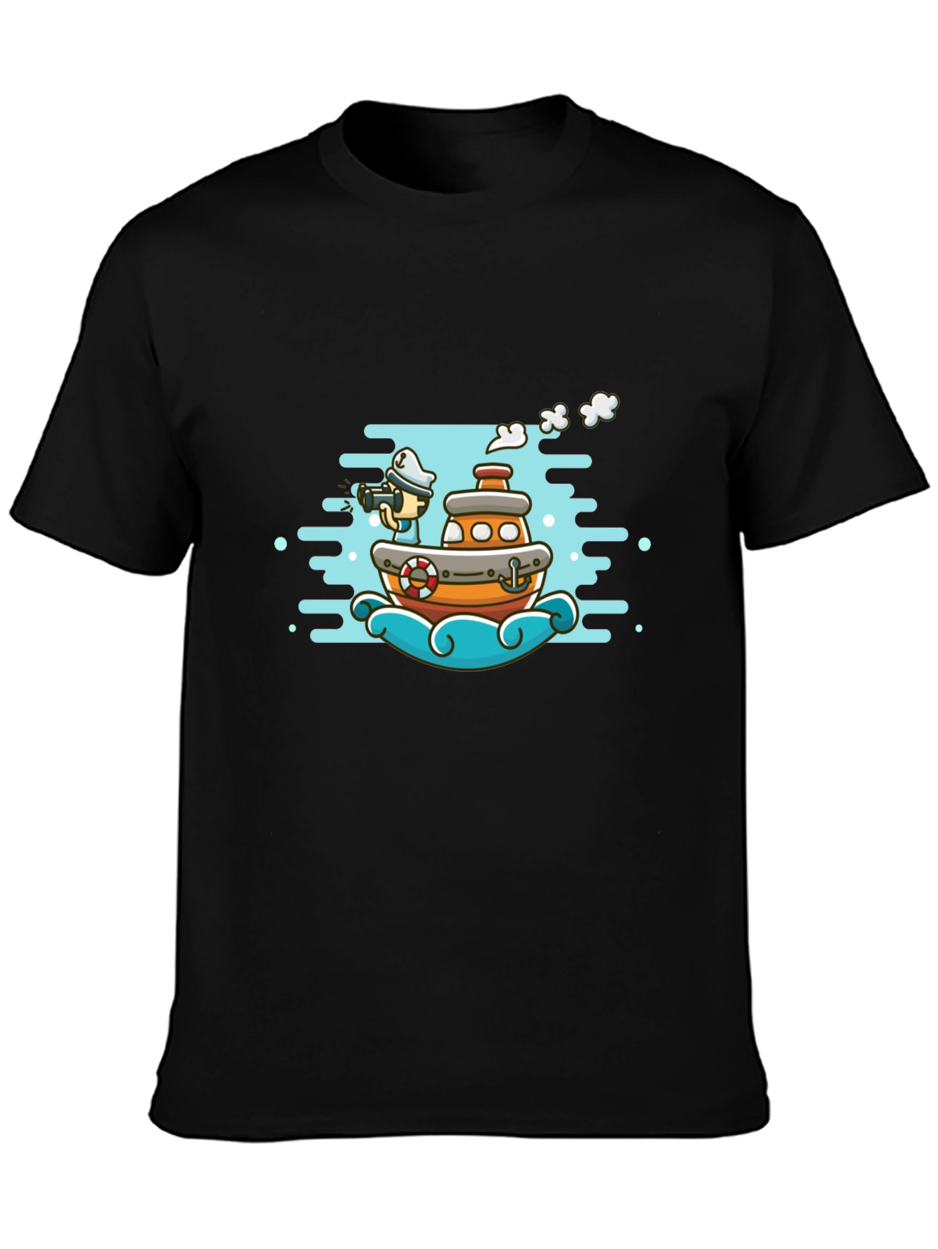 Cartoon Boat Graphic Tee - Black Cotton T-Shirt