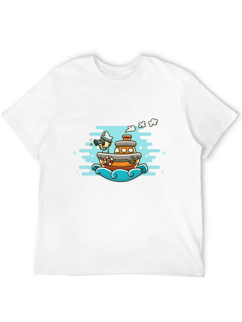 Cartoon Boat Graphic Tee - Black Cotton T-Shirt
