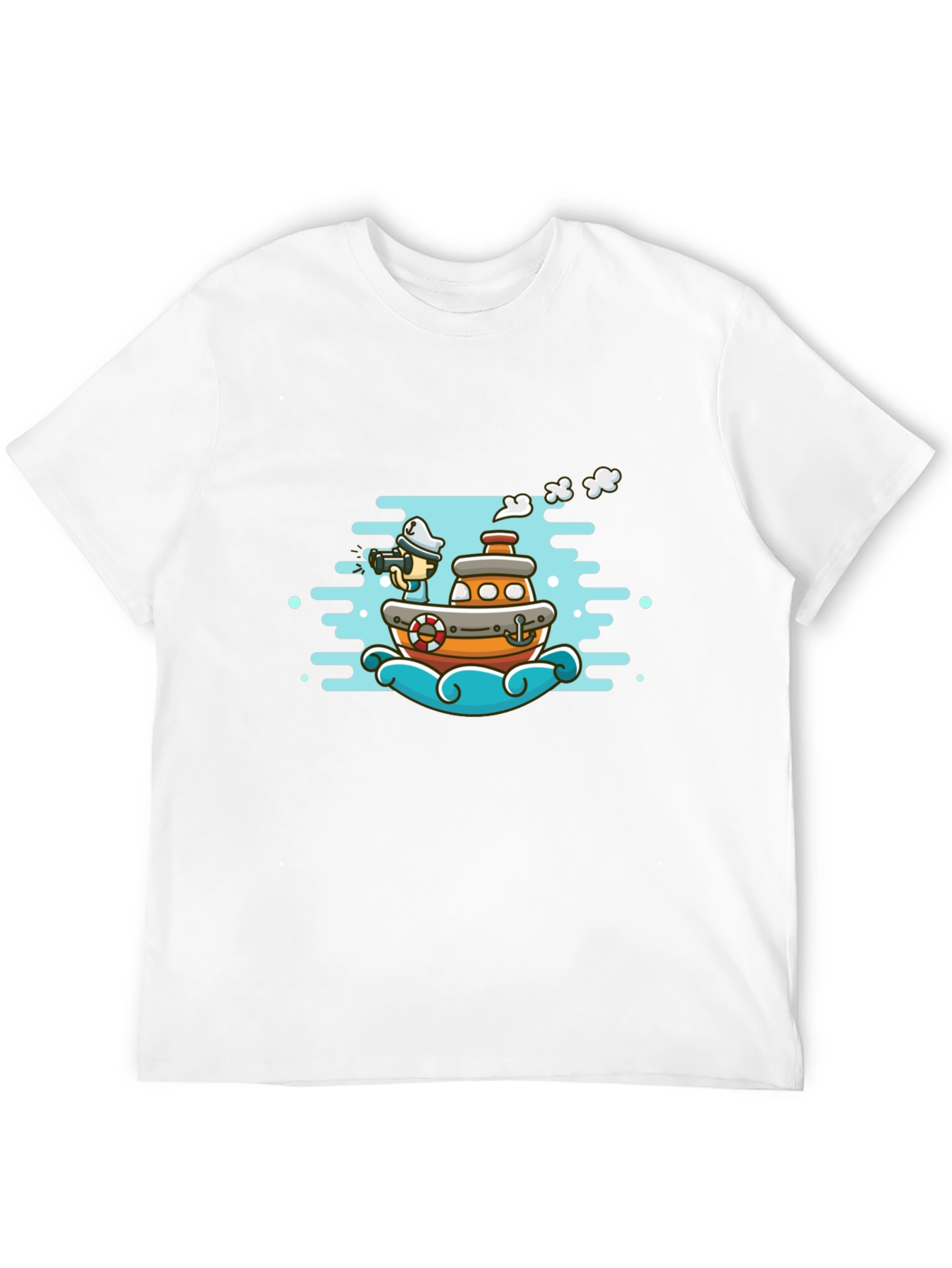 Cartoon Boat Graphic Tee - Black Cotton T-Shirt
