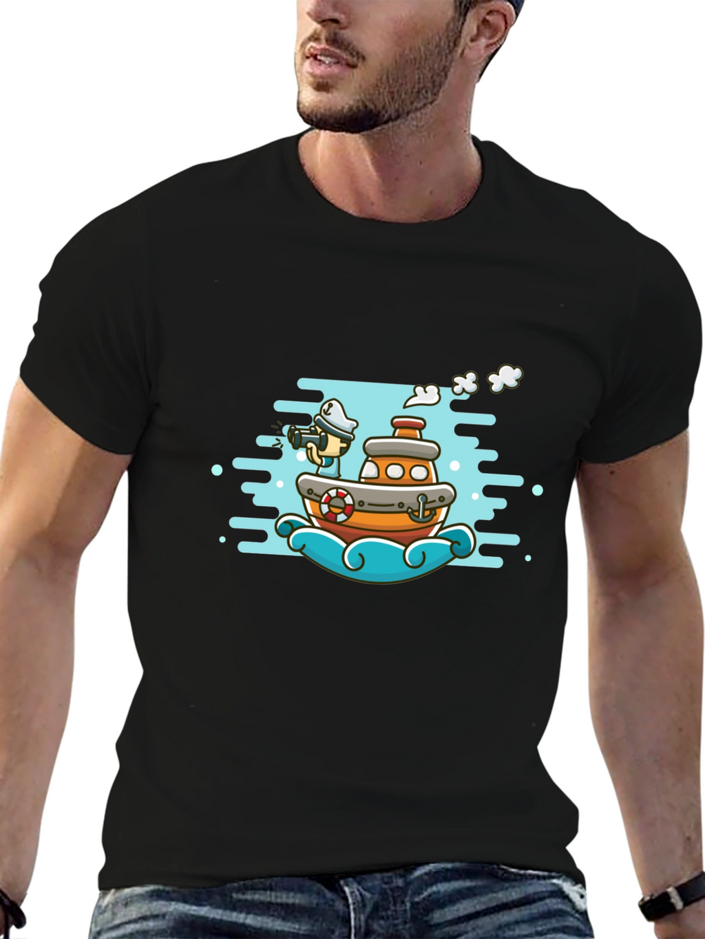 Cartoon Boat Graphic Tee - Black Cotton T-Shirt