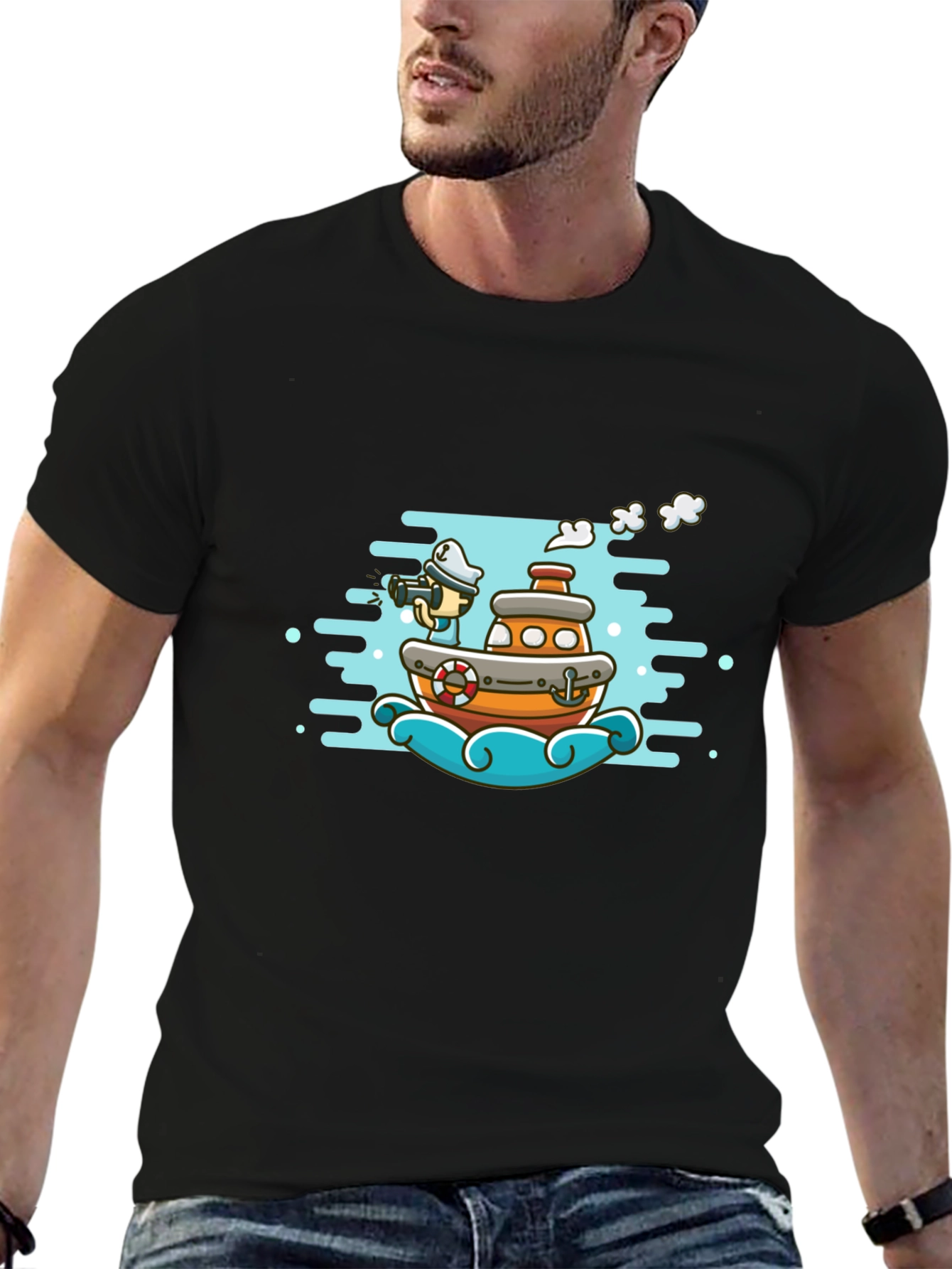 Cartoon Boat Graphic Tee - Black Cotton T-Shirt