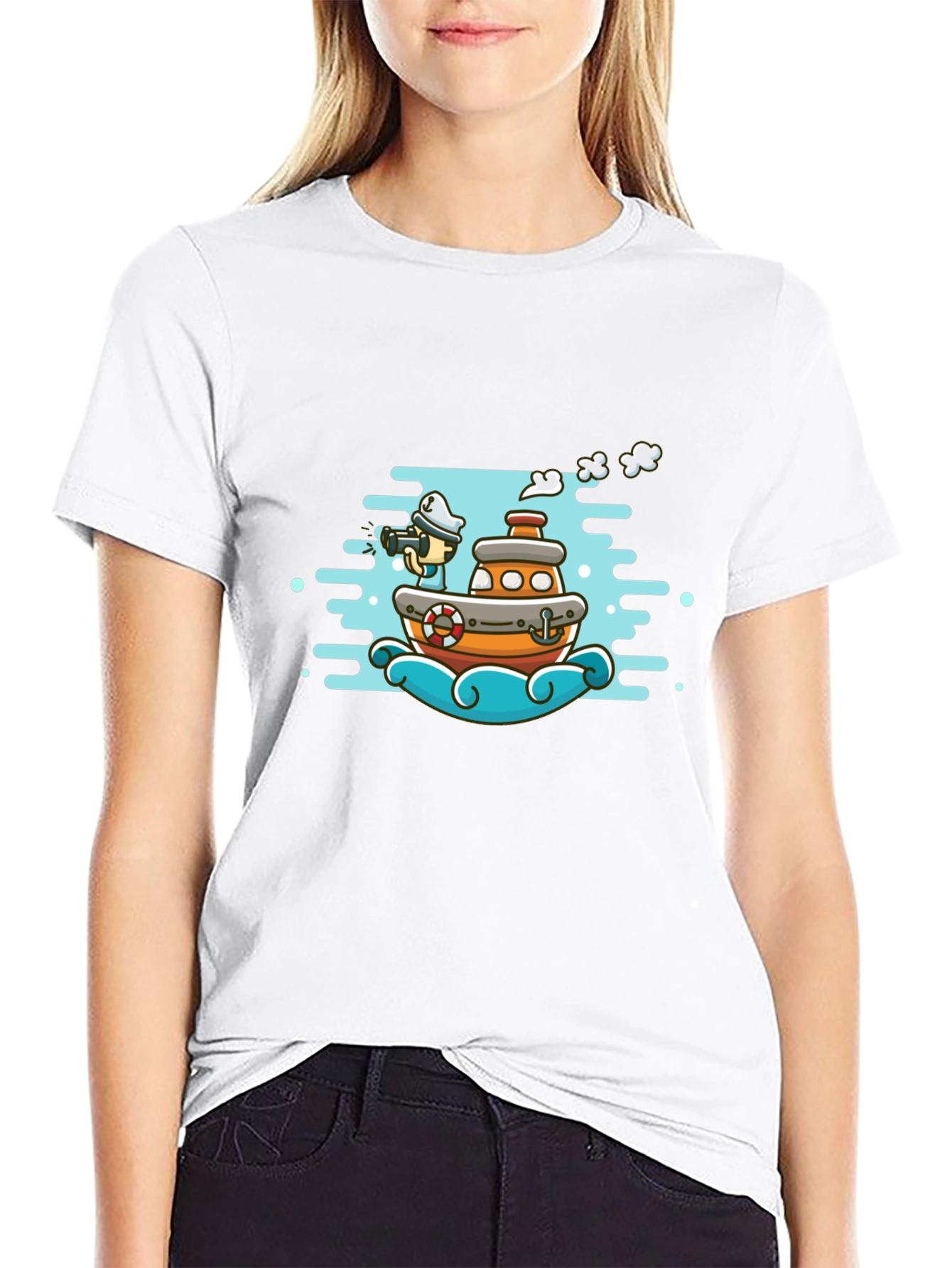 Cartoon Boat Graphic Tee - Black Cotton T-Shirt