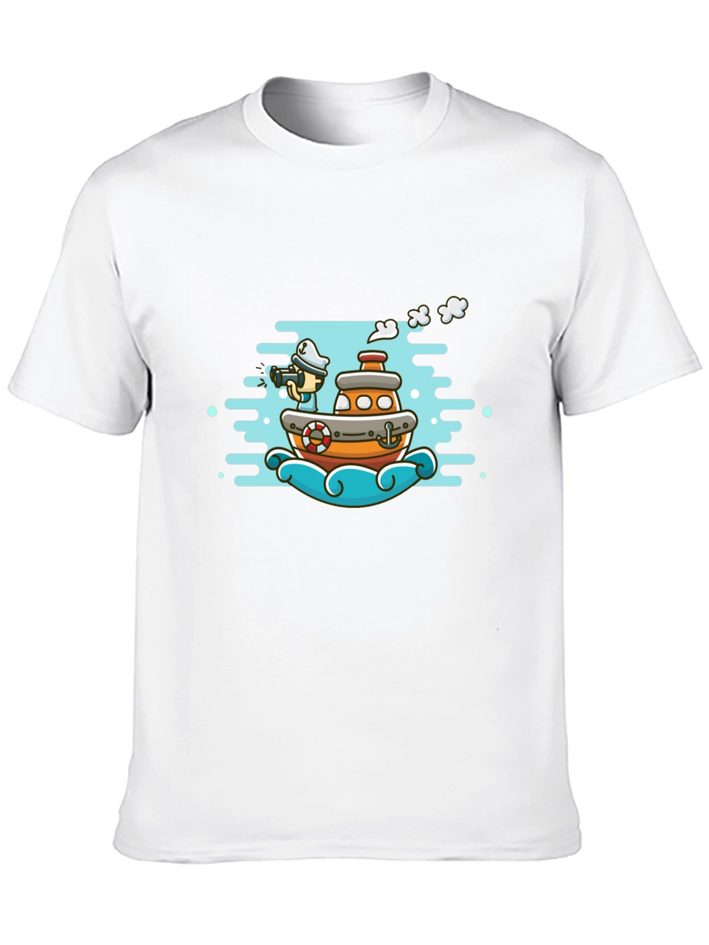Cartoon Boat Graphic Tee - Black Cotton T-Shirt
