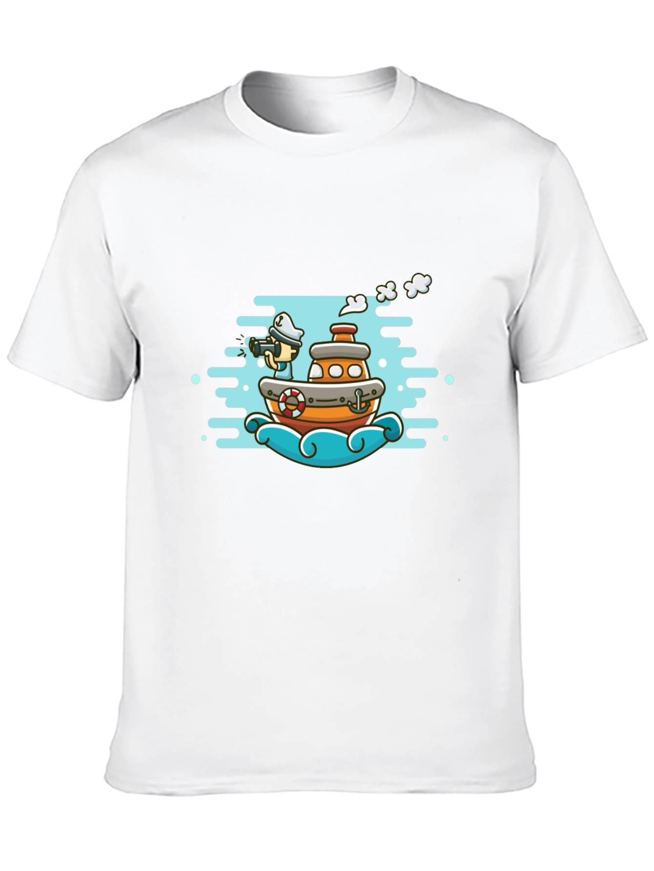 Cartoon Boat Graphic Tee - Black Cotton T-Shirt