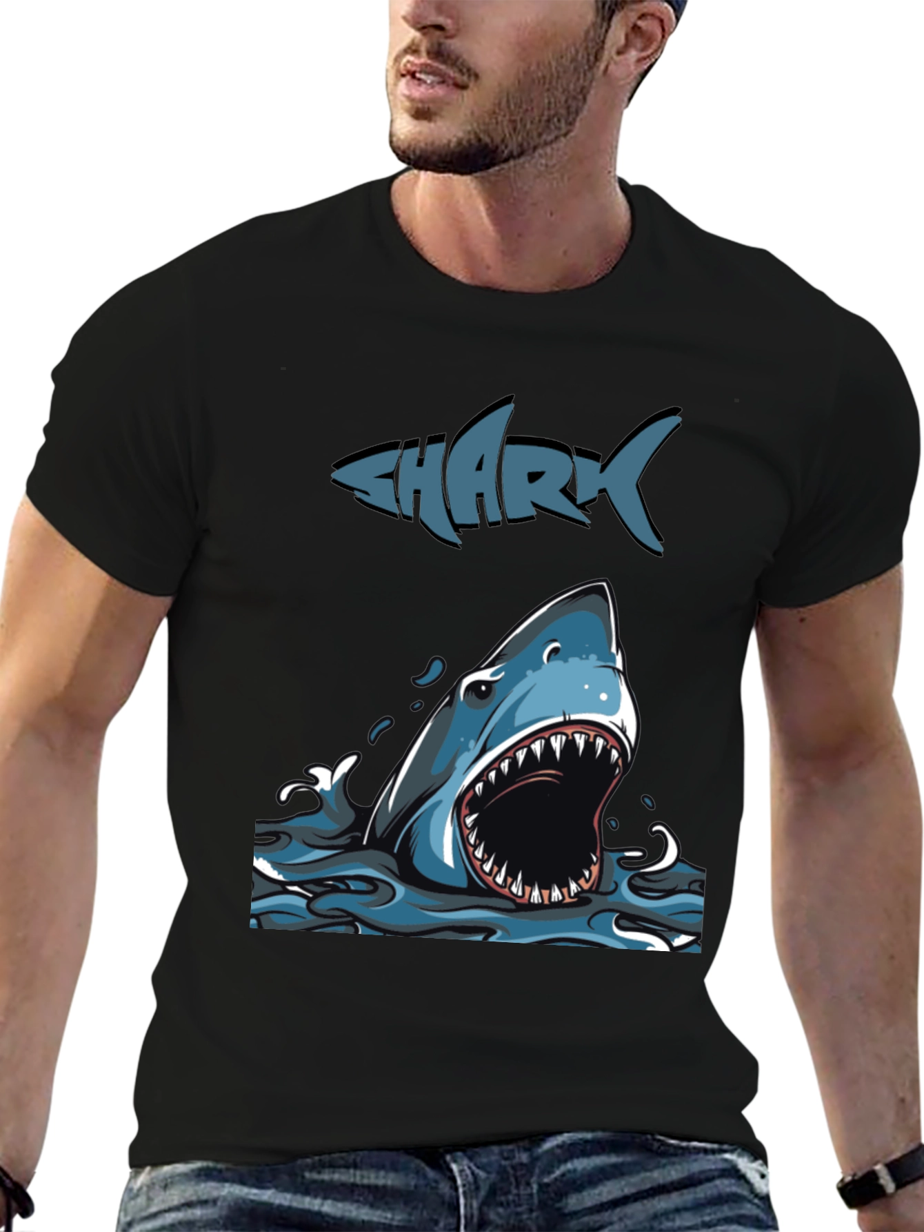 Mens Shark Graphic Print Crew Neck Tee