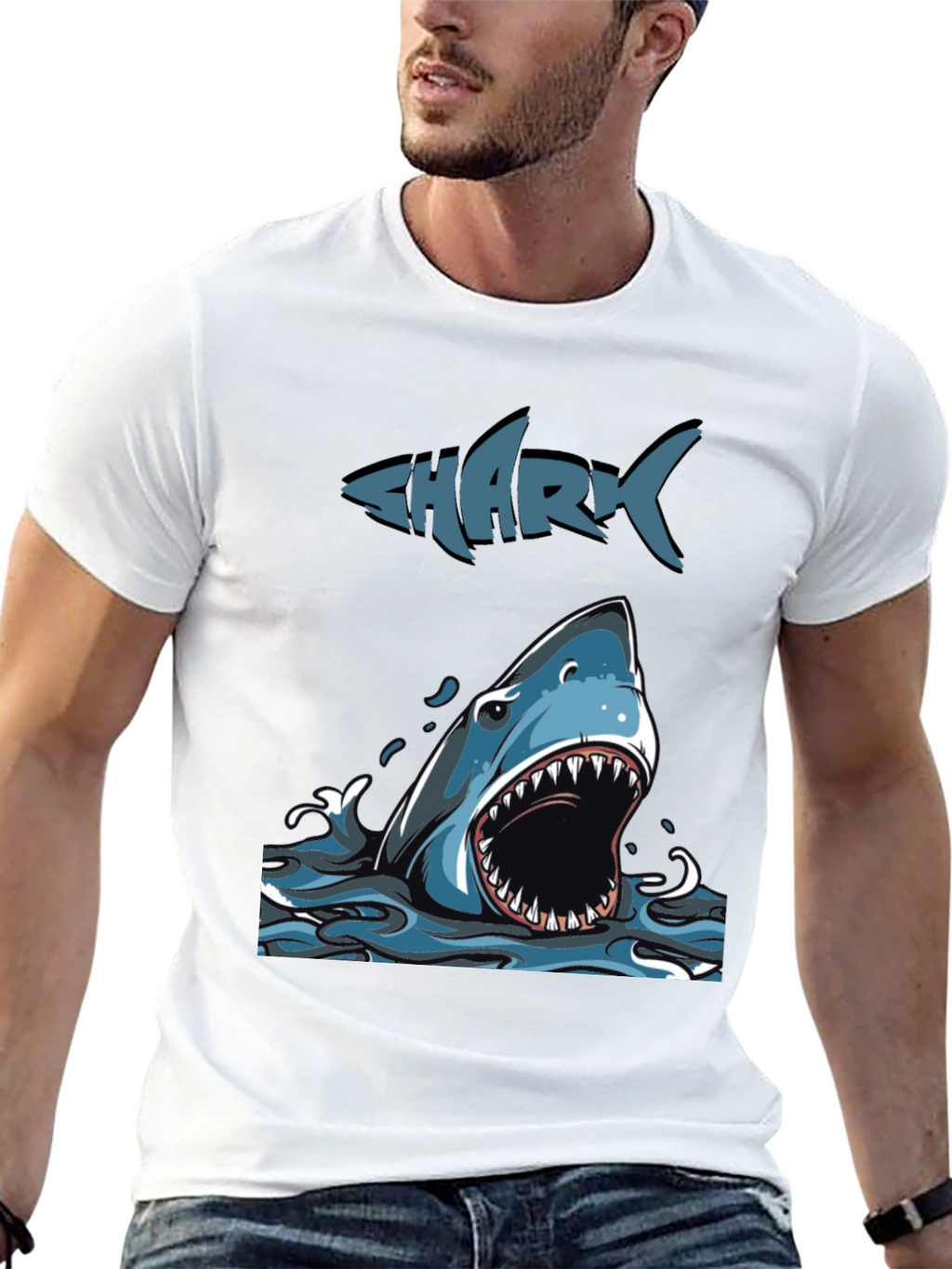 Mens Shark Graphic Print Crew Neck Tee