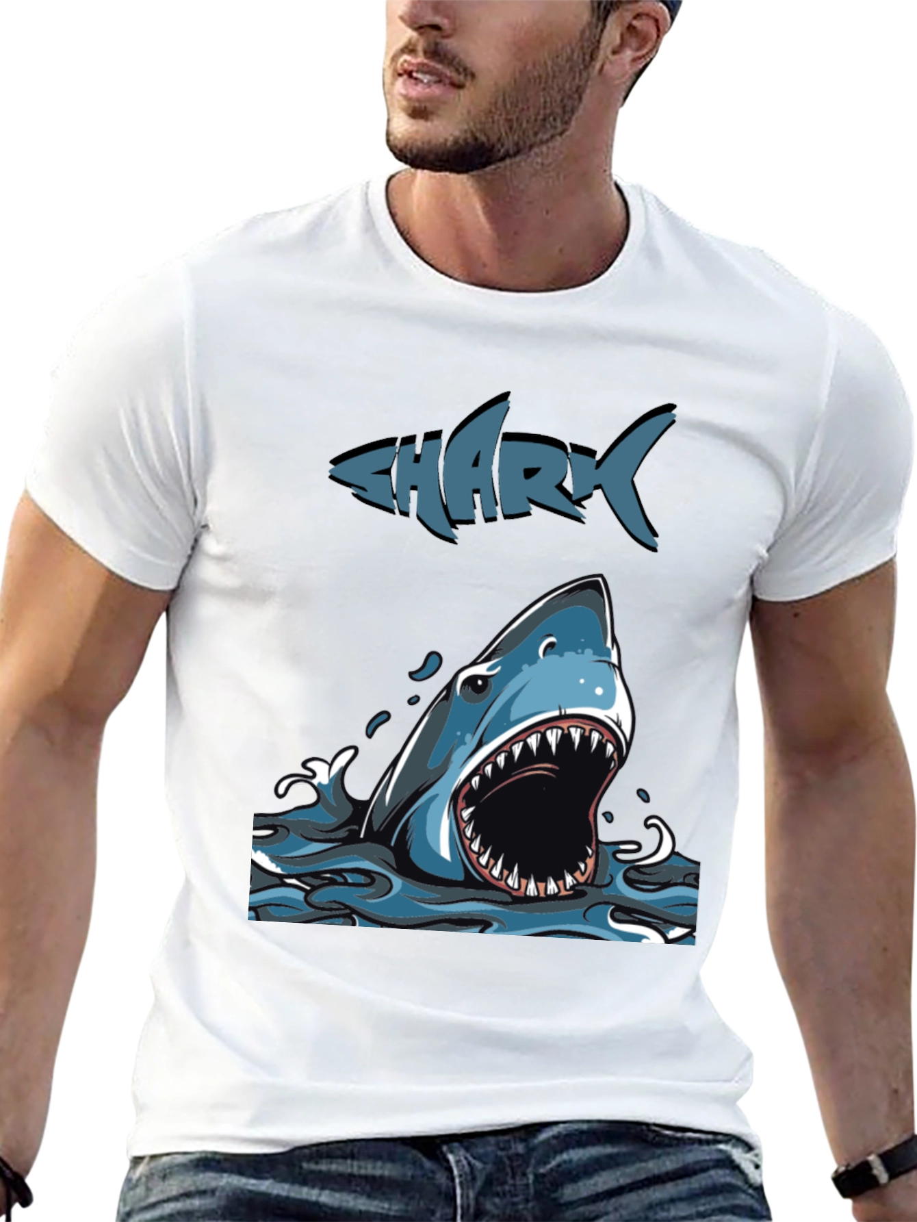 Mens Shark Graphic Print Crew Neck Tee