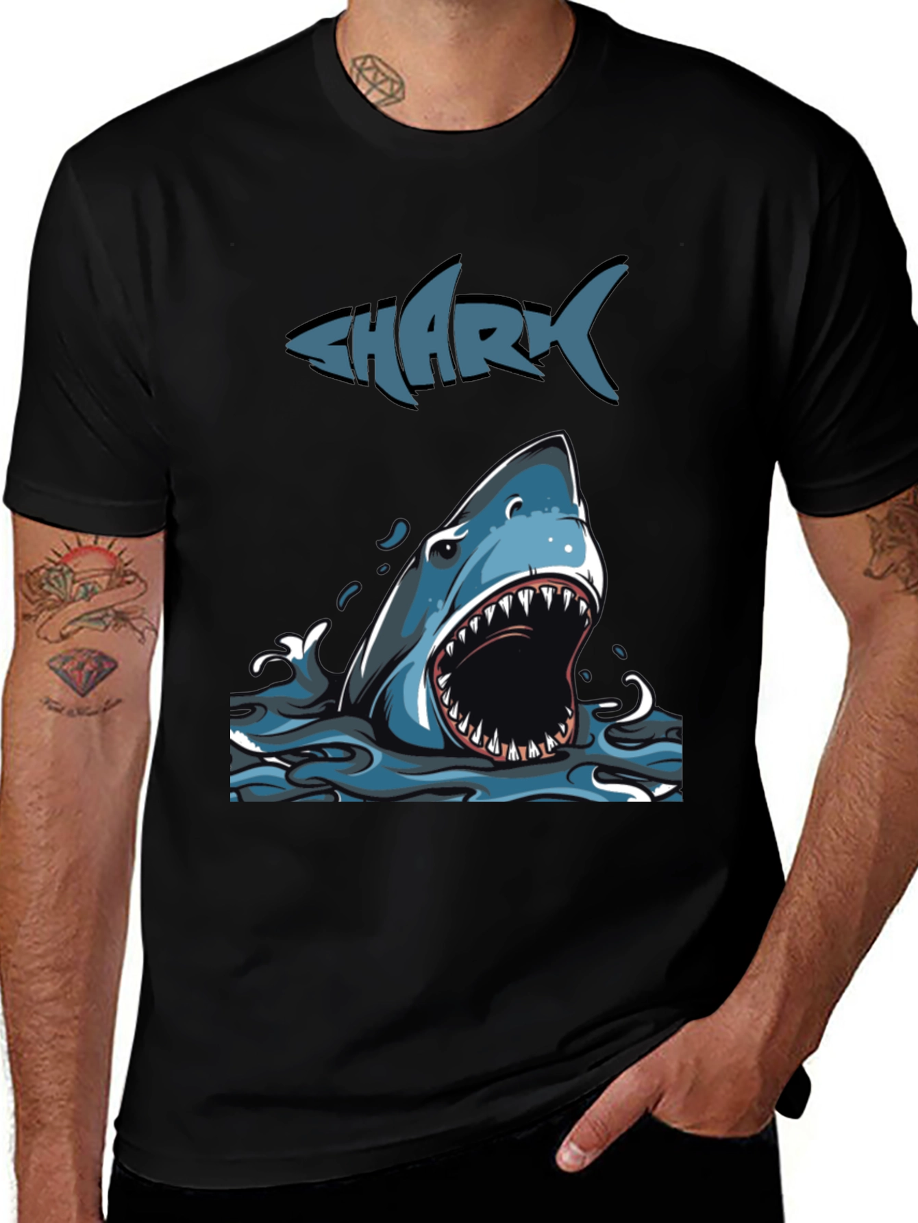 Mens Shark Graphic Print Crew Neck Tee