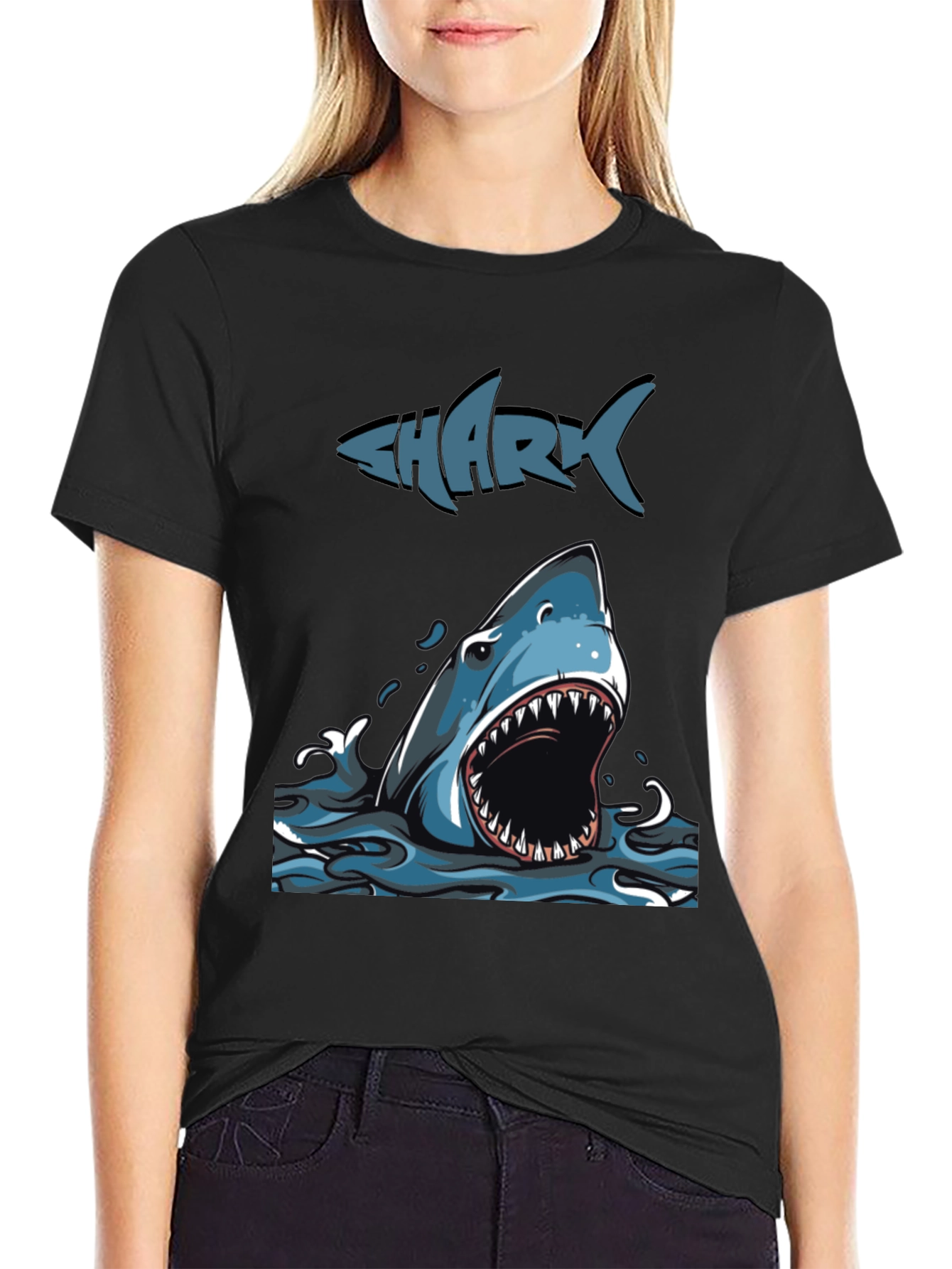 Mens Shark Graphic Print Crew Neck Tee