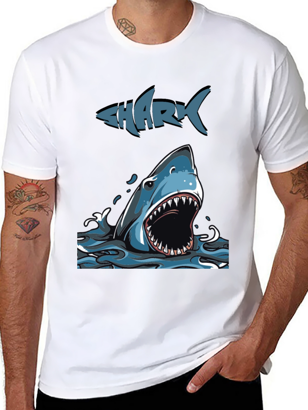 Mens Shark Graphic Print Crew Neck Tee