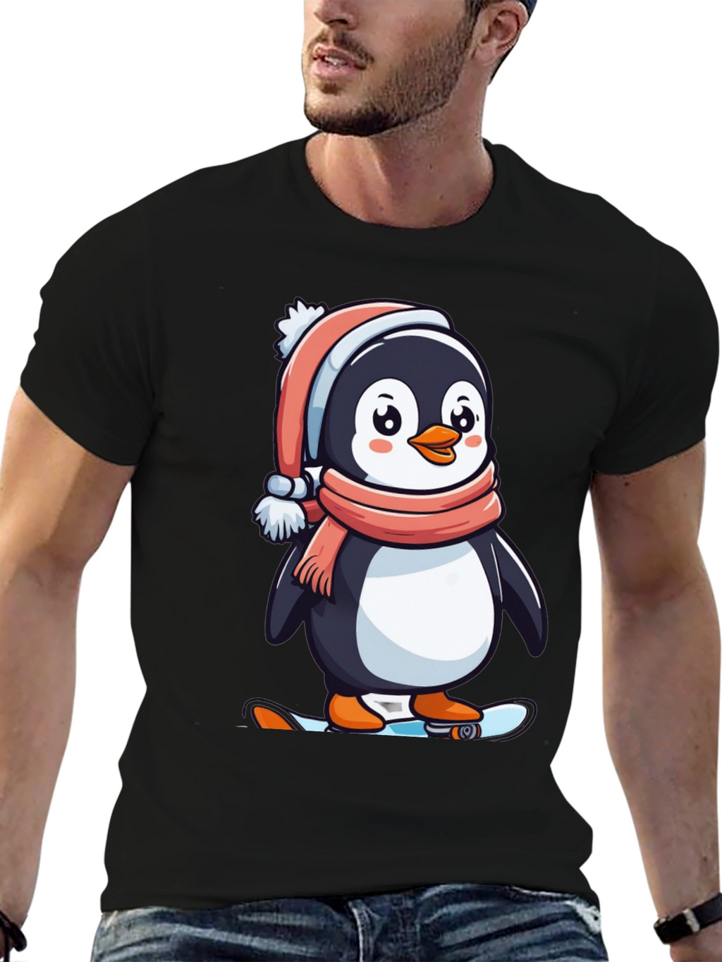 Penguin Skateboarder Black T-Shirt