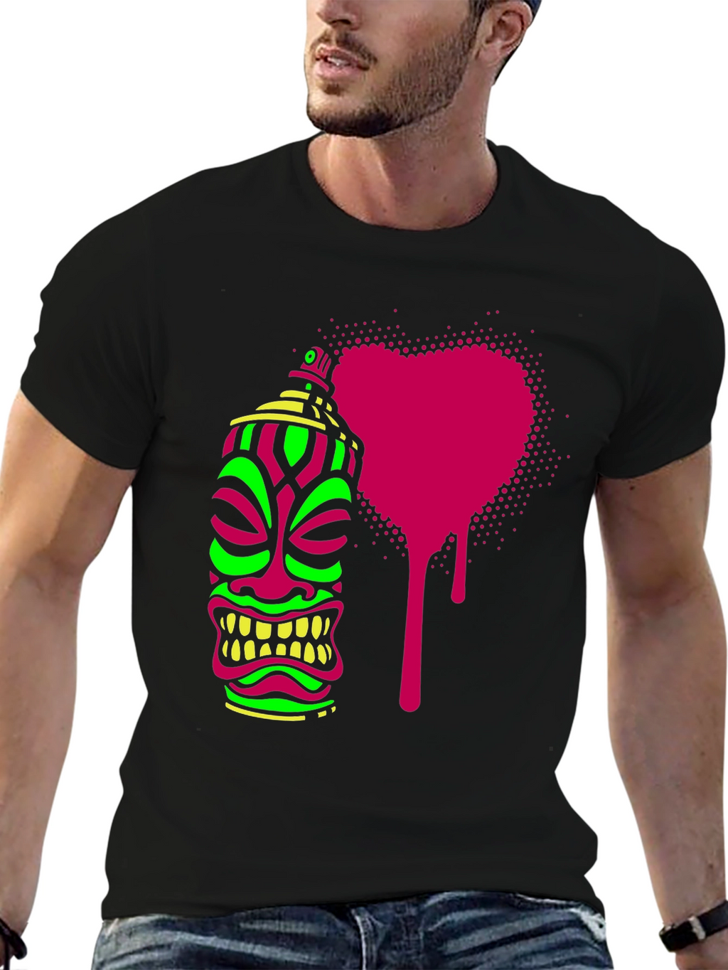 Neon Tiki Spray Paint Heart Mens Black T-Shirt