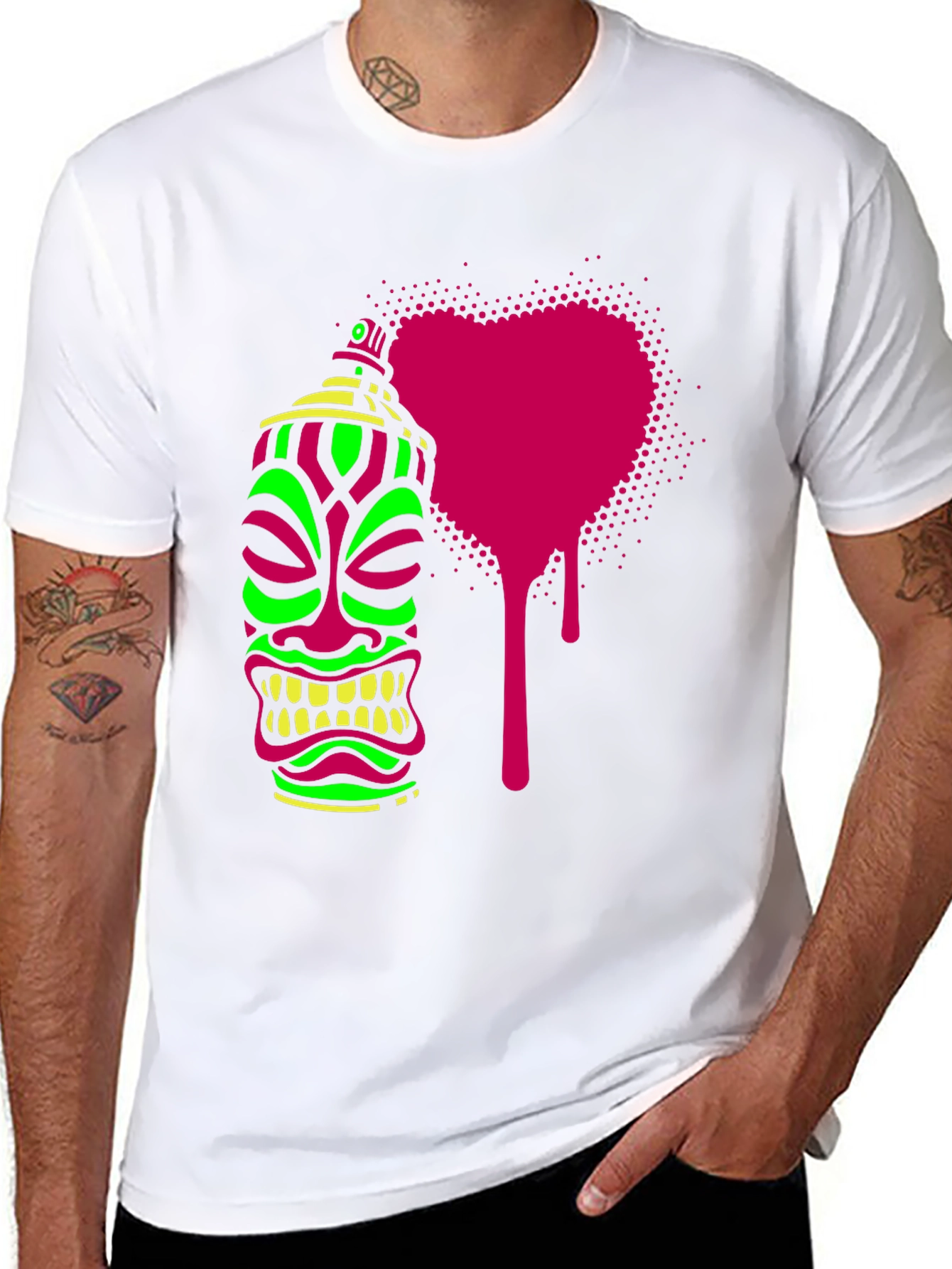 Neon Tiki Spray Paint Heart Mens Black T-Shirt