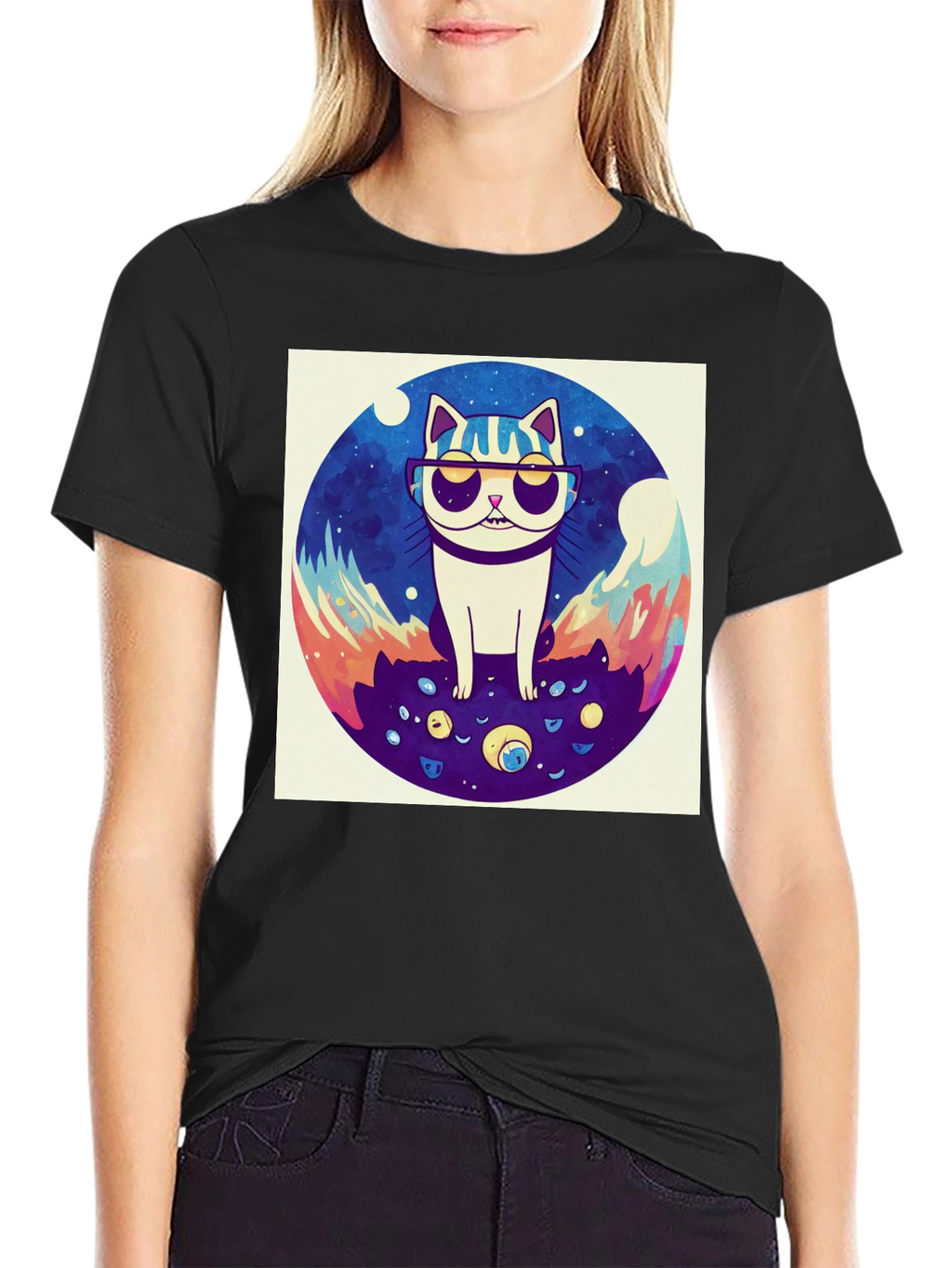 Cool Cat Graphic Tee - Black Cotton Shirt
