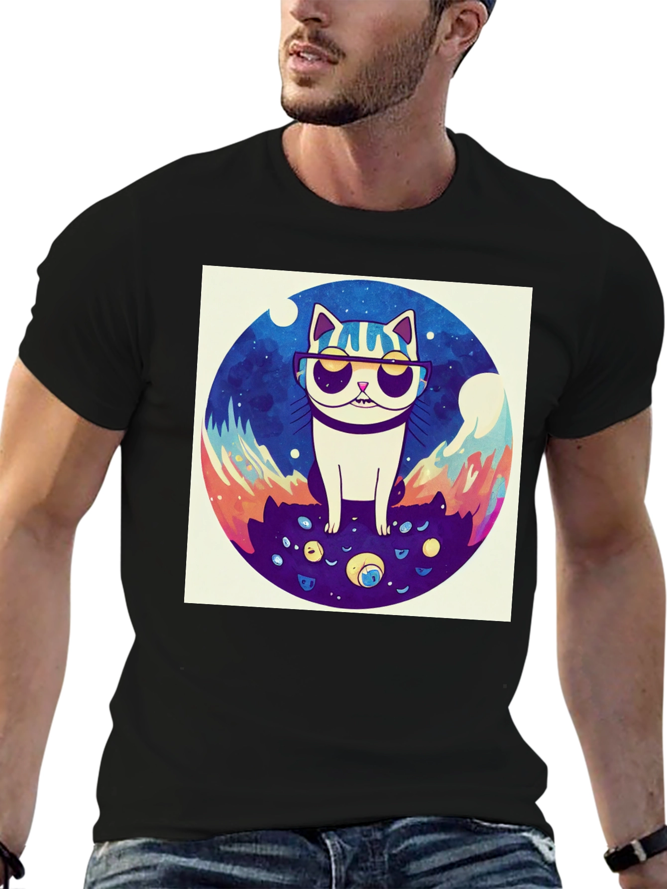 Cool Cat Graphic Tee - Black Cotton Shirt