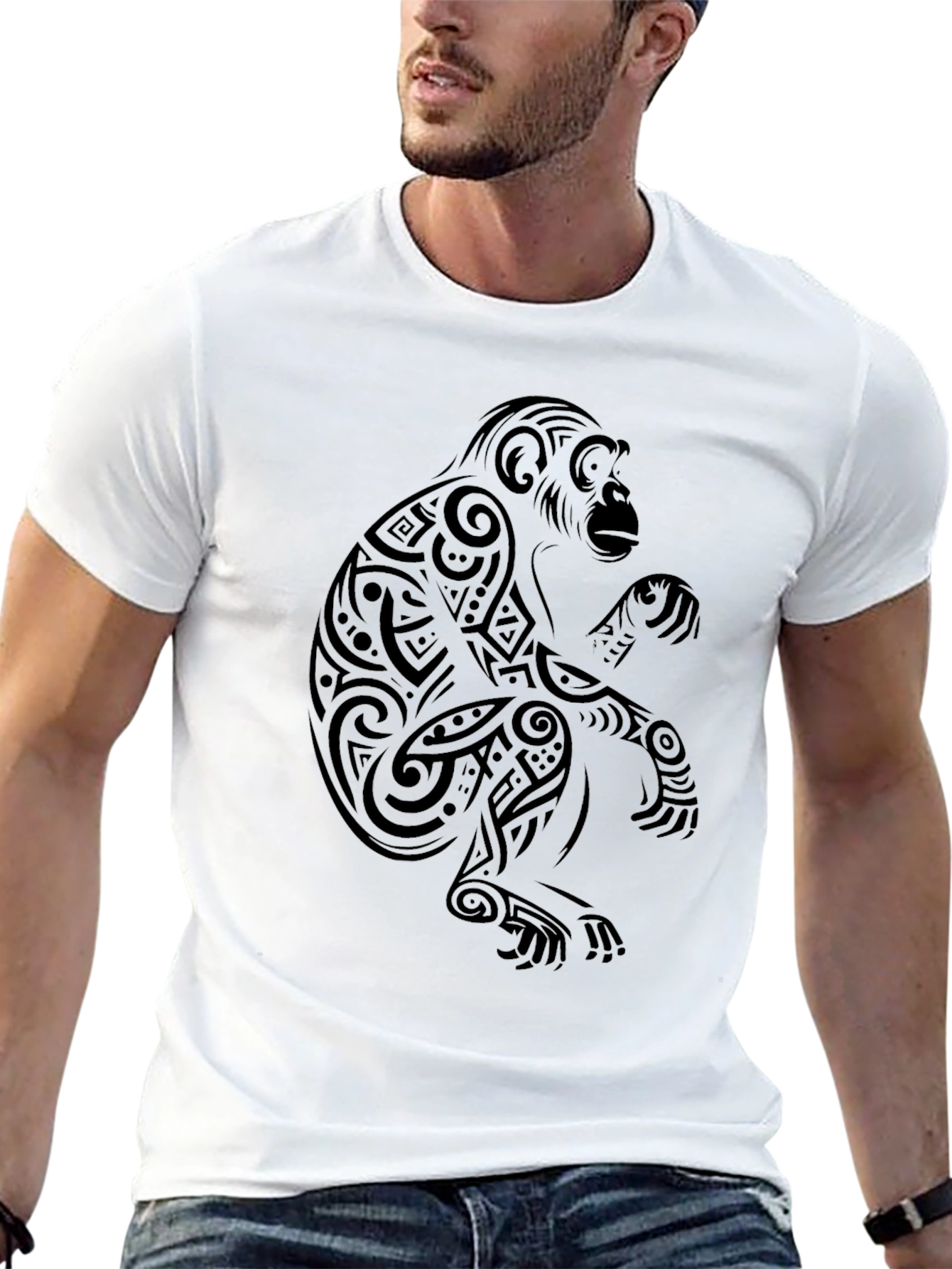 Tribal Monkey Graphic T-Shirt - Black Cotton