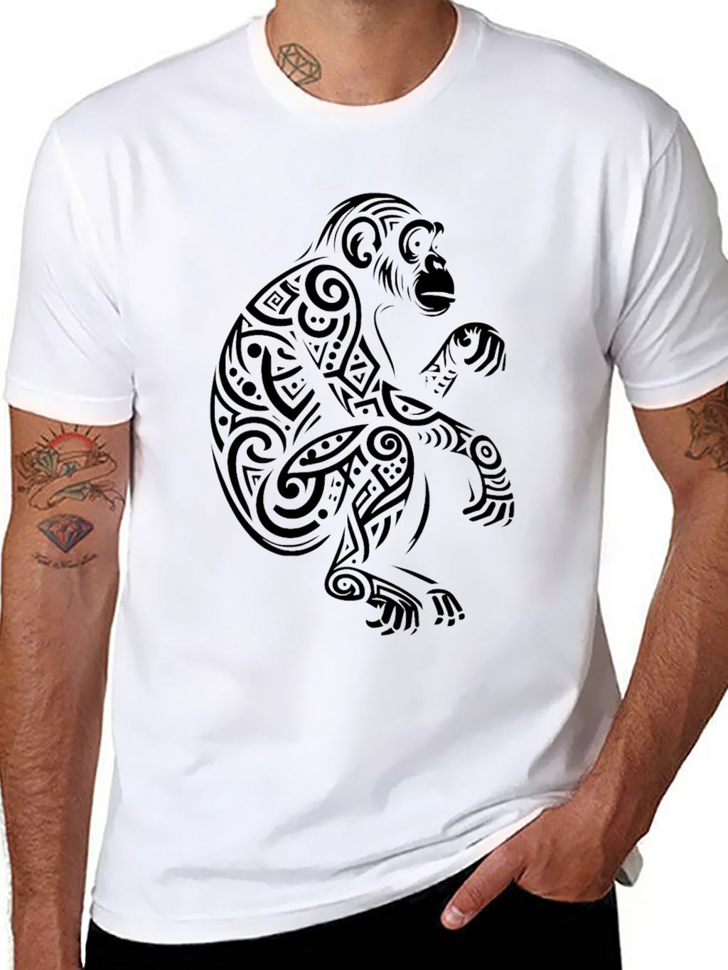 Tribal Monkey Graphic T-Shirt - Black Cotton