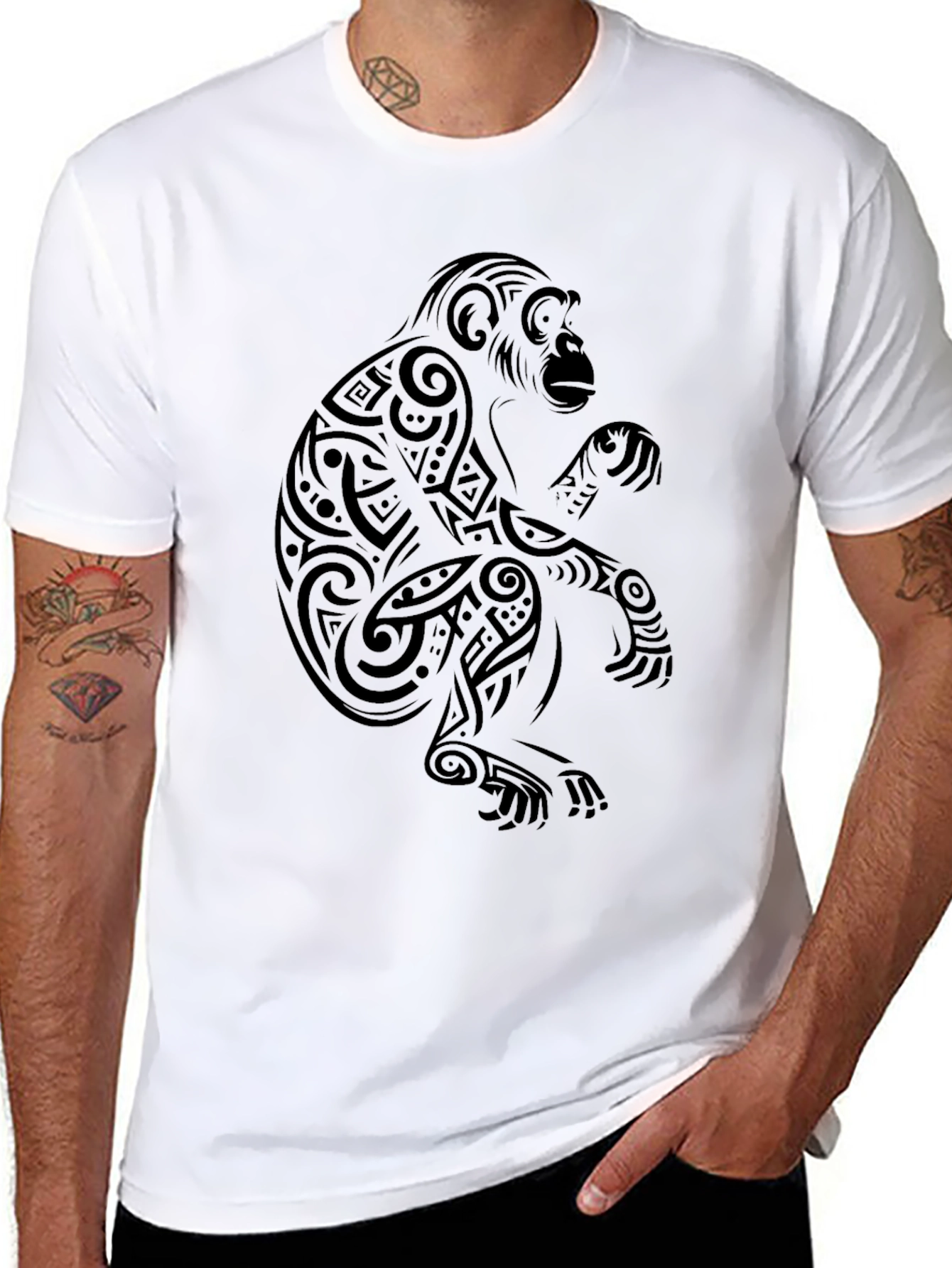 Tribal Monkey Graphic T-Shirt - Black Cotton