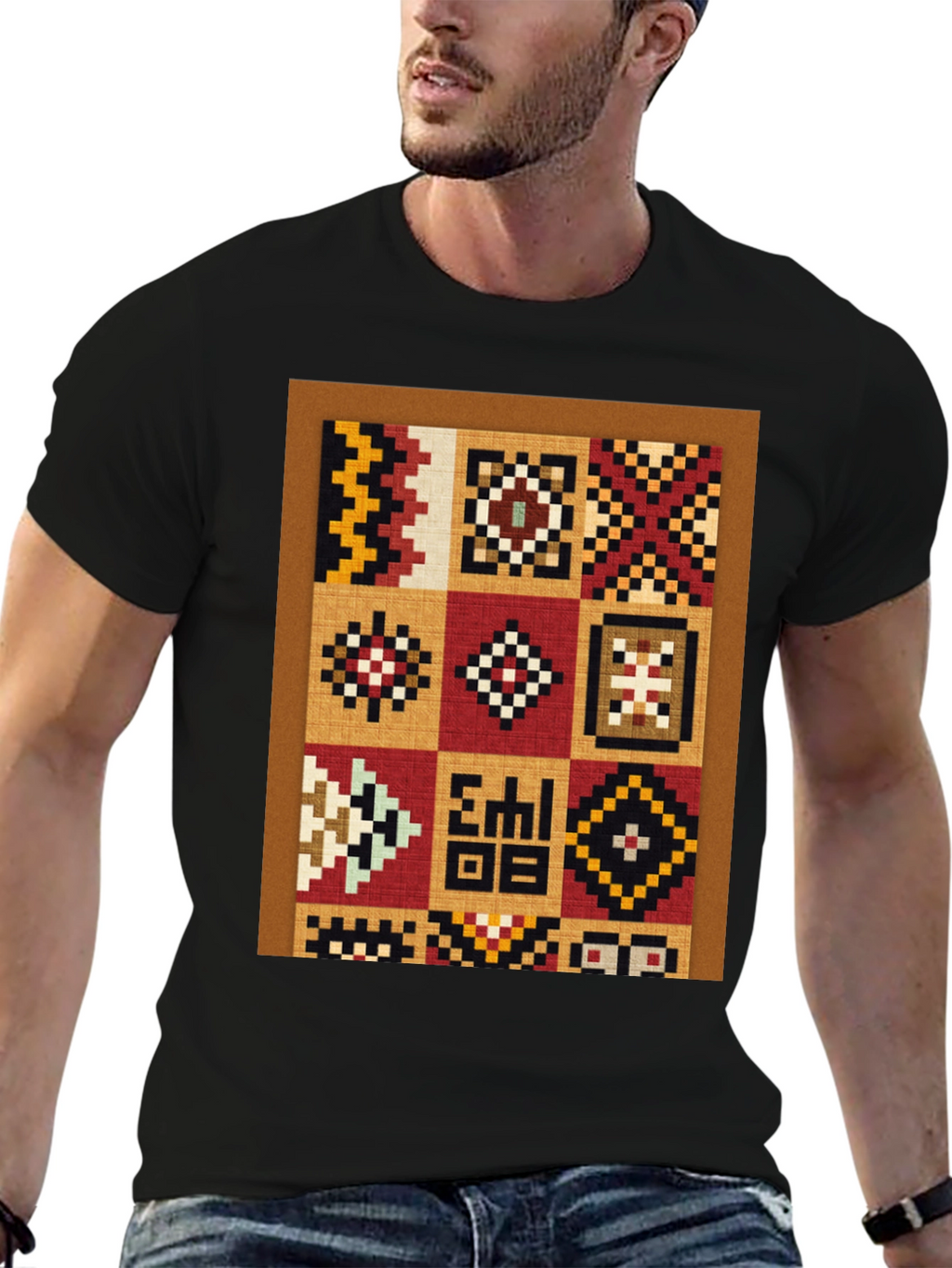 Ethnic Patchwork Graphic T-Shirt - Black
