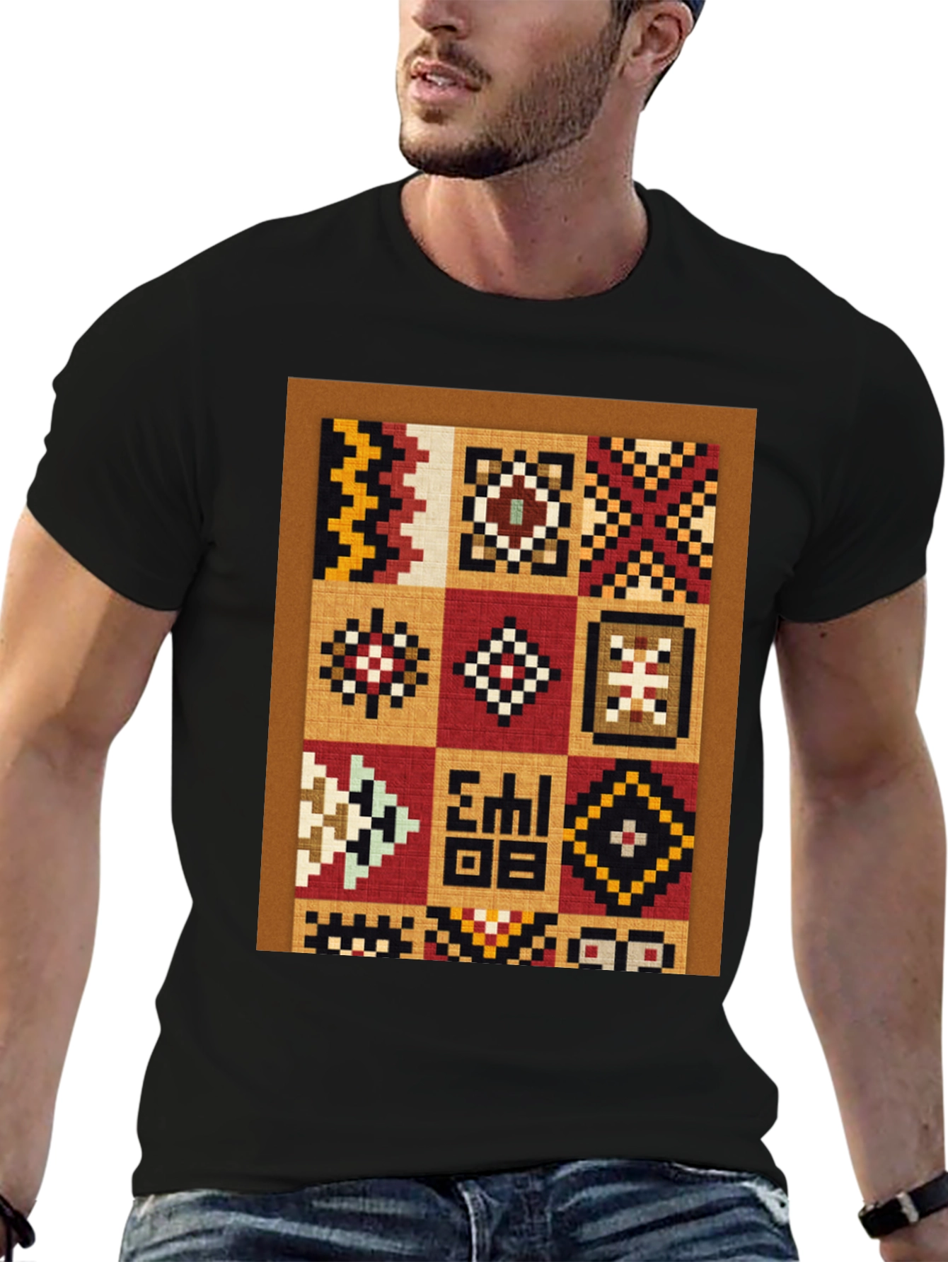 Ethnic Patchwork Graphic T-Shirt - Black