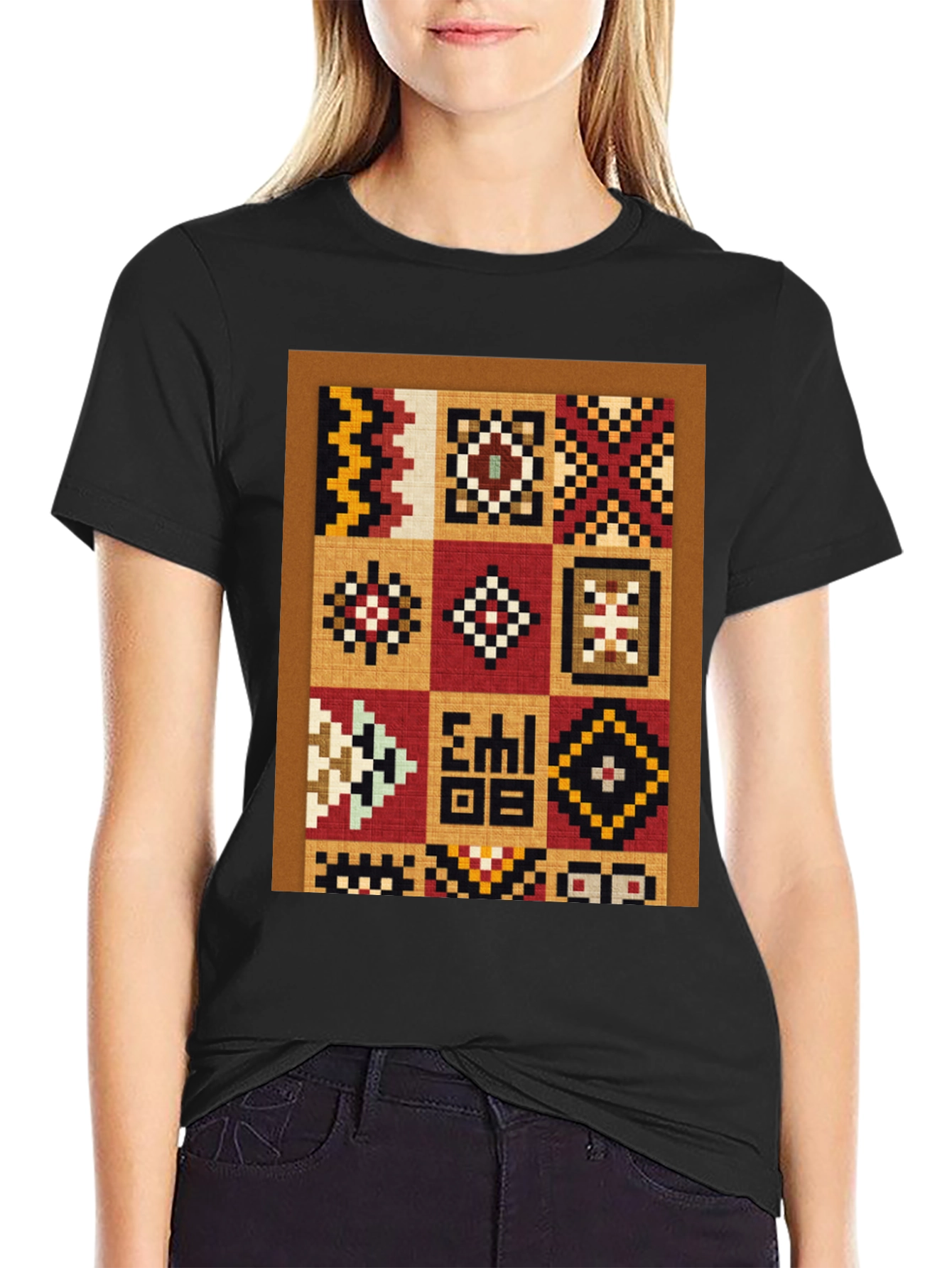 Ethnic Patchwork Graphic T-Shirt - Black