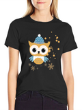 Festive Owl Graphic Tee - Winter Holiday Style