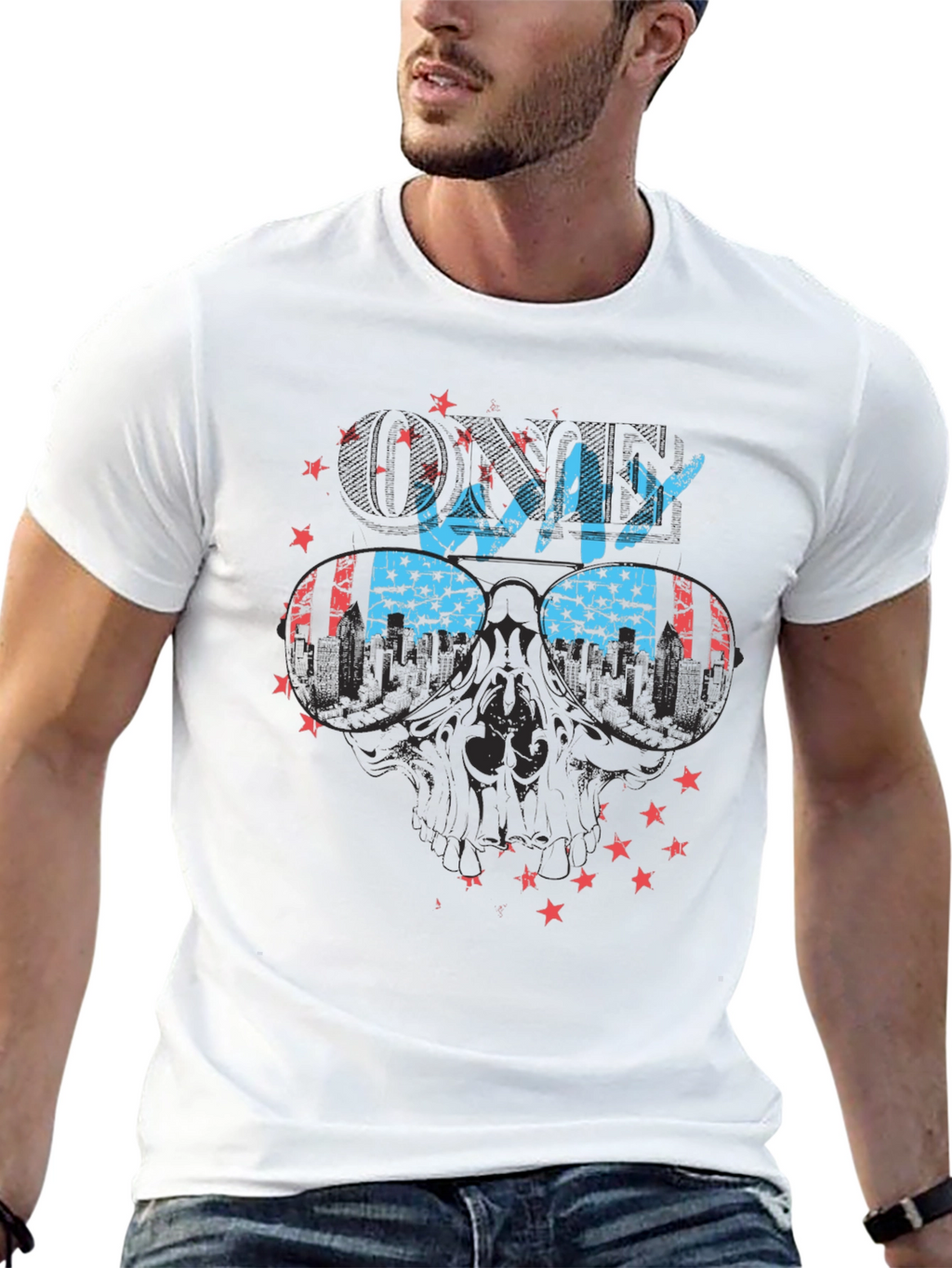 Cool Way Skull Graphic Tee - Patriotic Design
