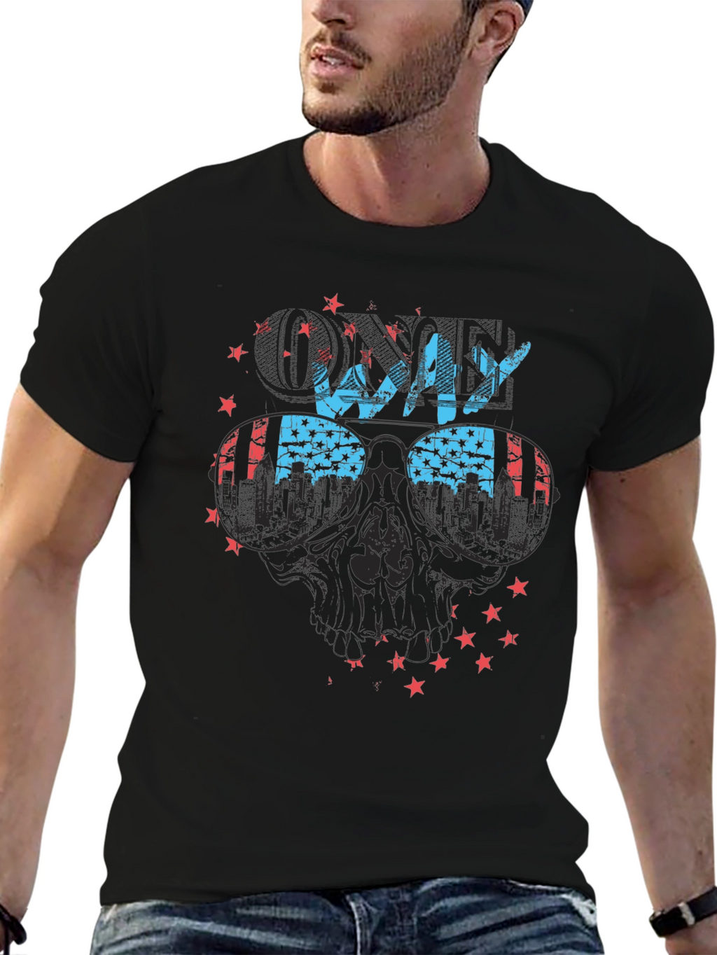 Cool Way Skull Graphic Tee - Patriotic Design