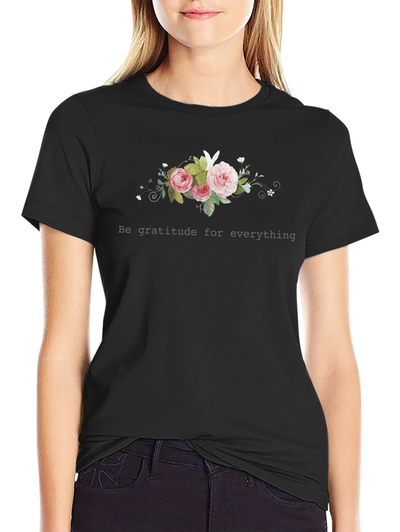 Gratitude Floral Black T-Shirt