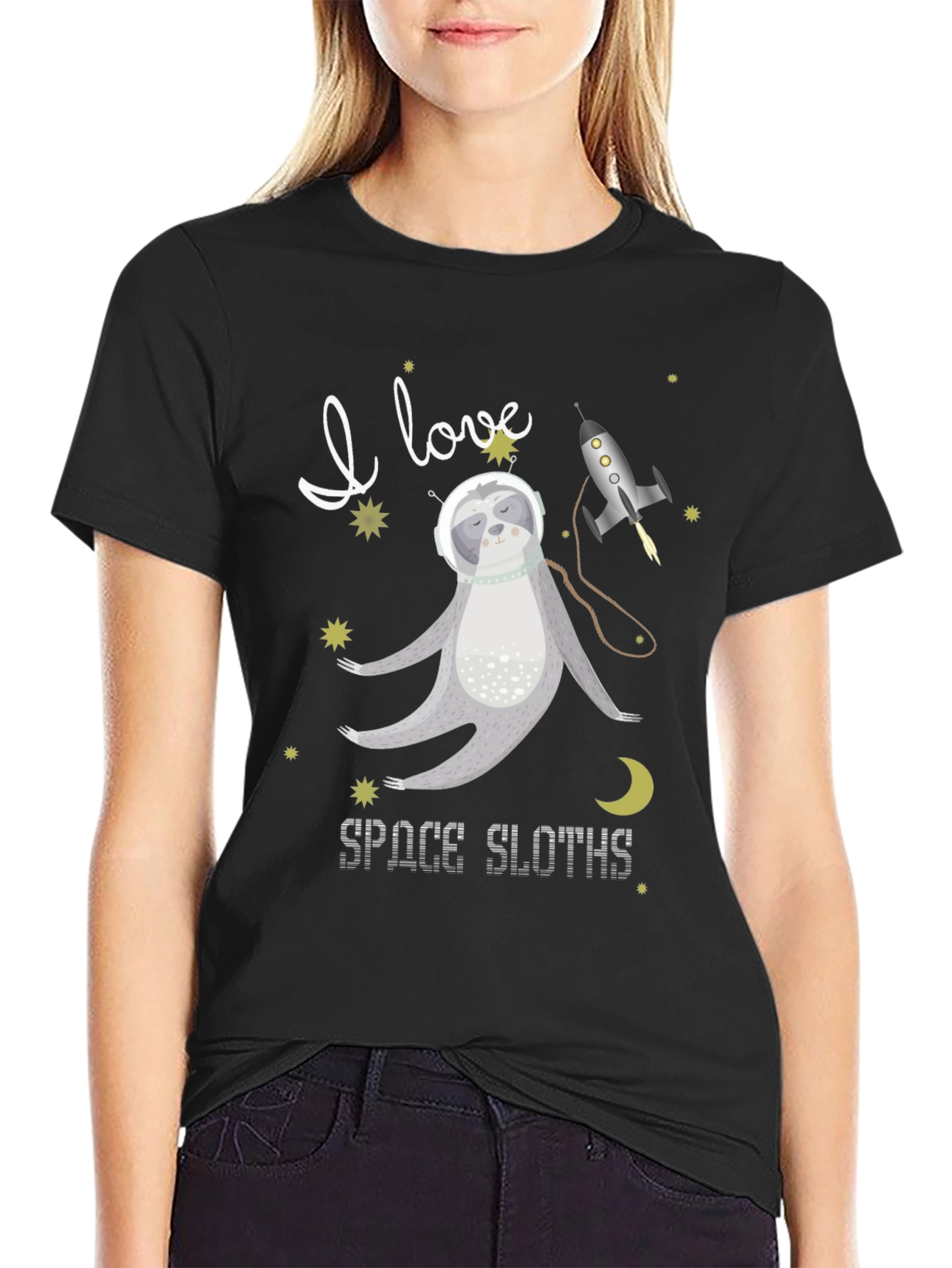 I Love Space Sloths Black T-Shirt