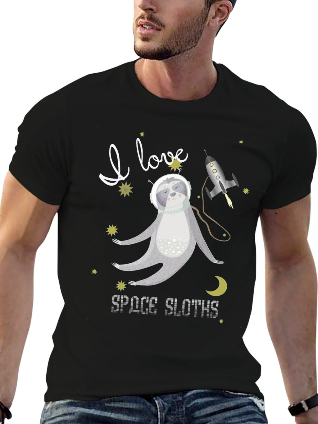 I Love Space Sloths Black T-Shirt