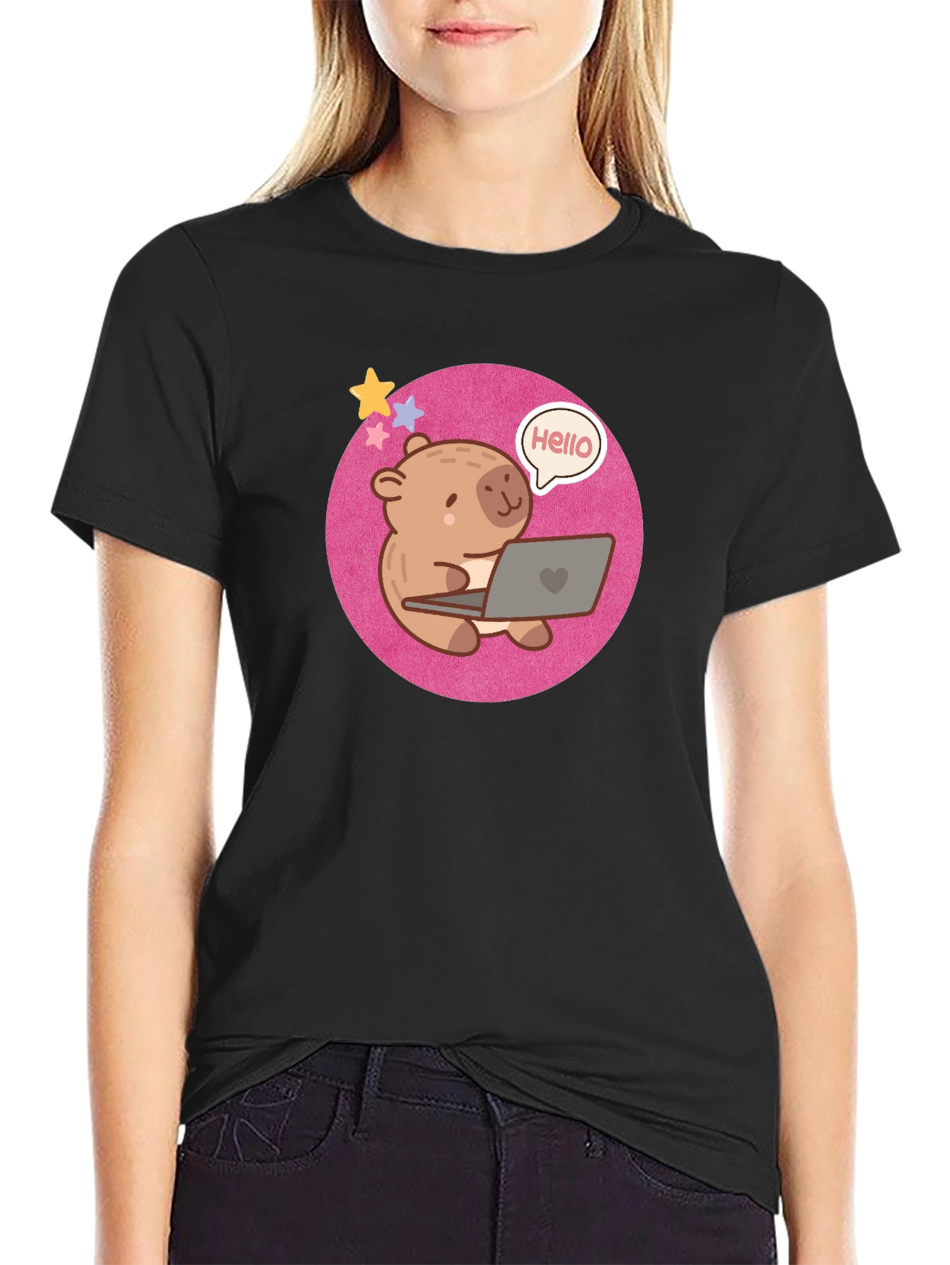 Cute Bear Laptop Tee - Hello World! Black Shirt
