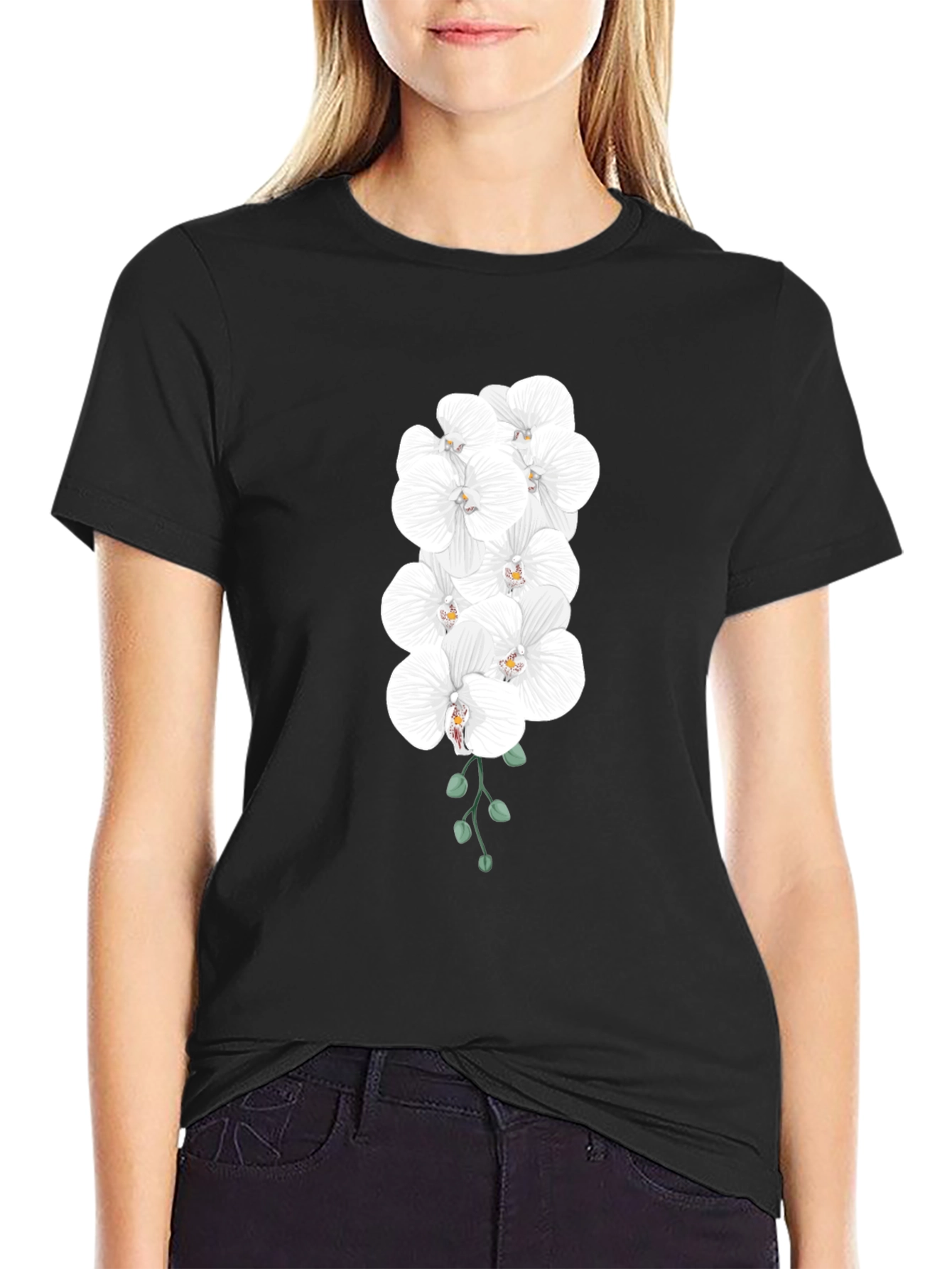 Elegant Orchid T-Shirt - Black Cotton Blend