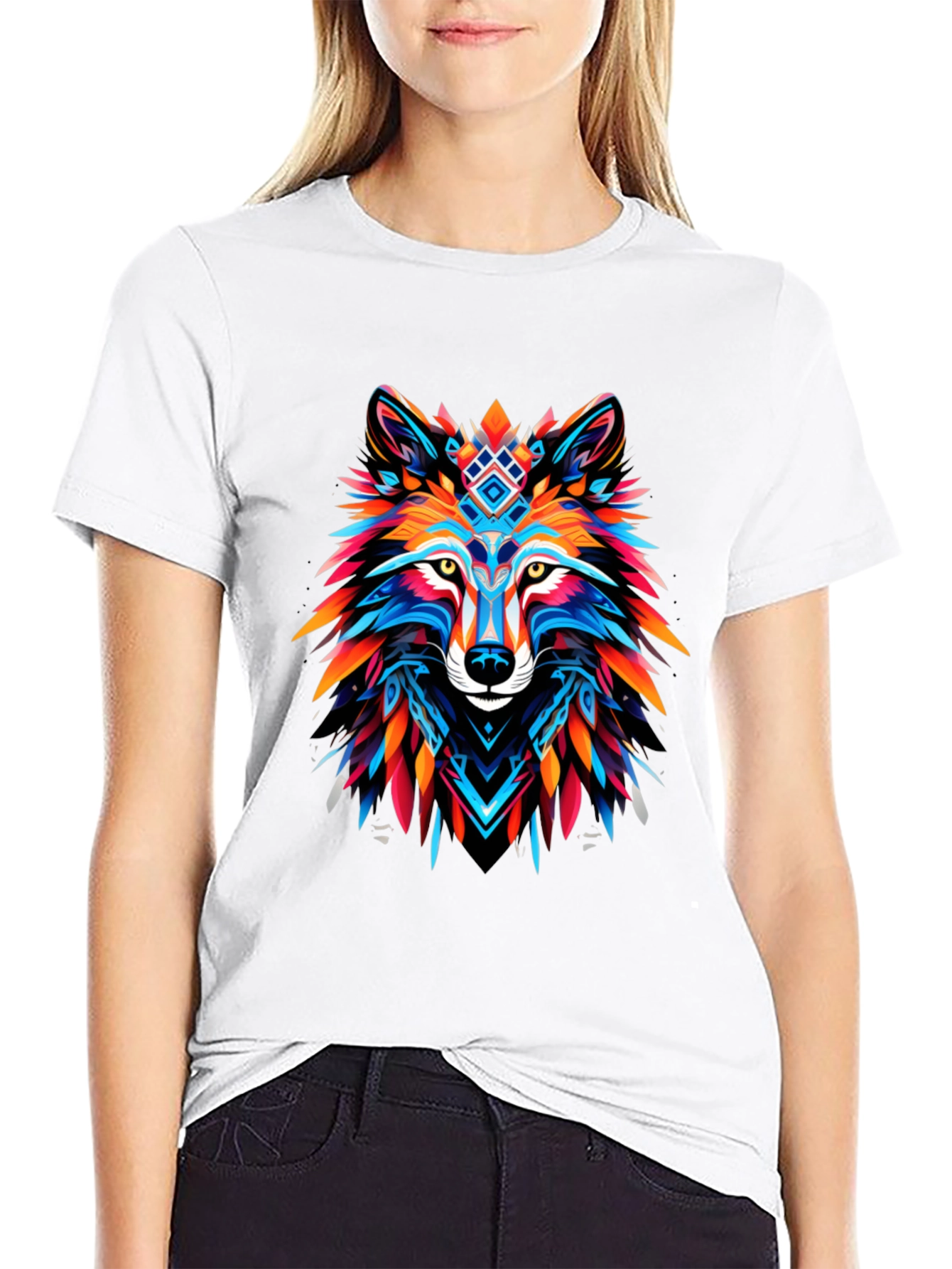 Vibrant Wolf Graphic Tee - Bold Black Cotton T-Shirt