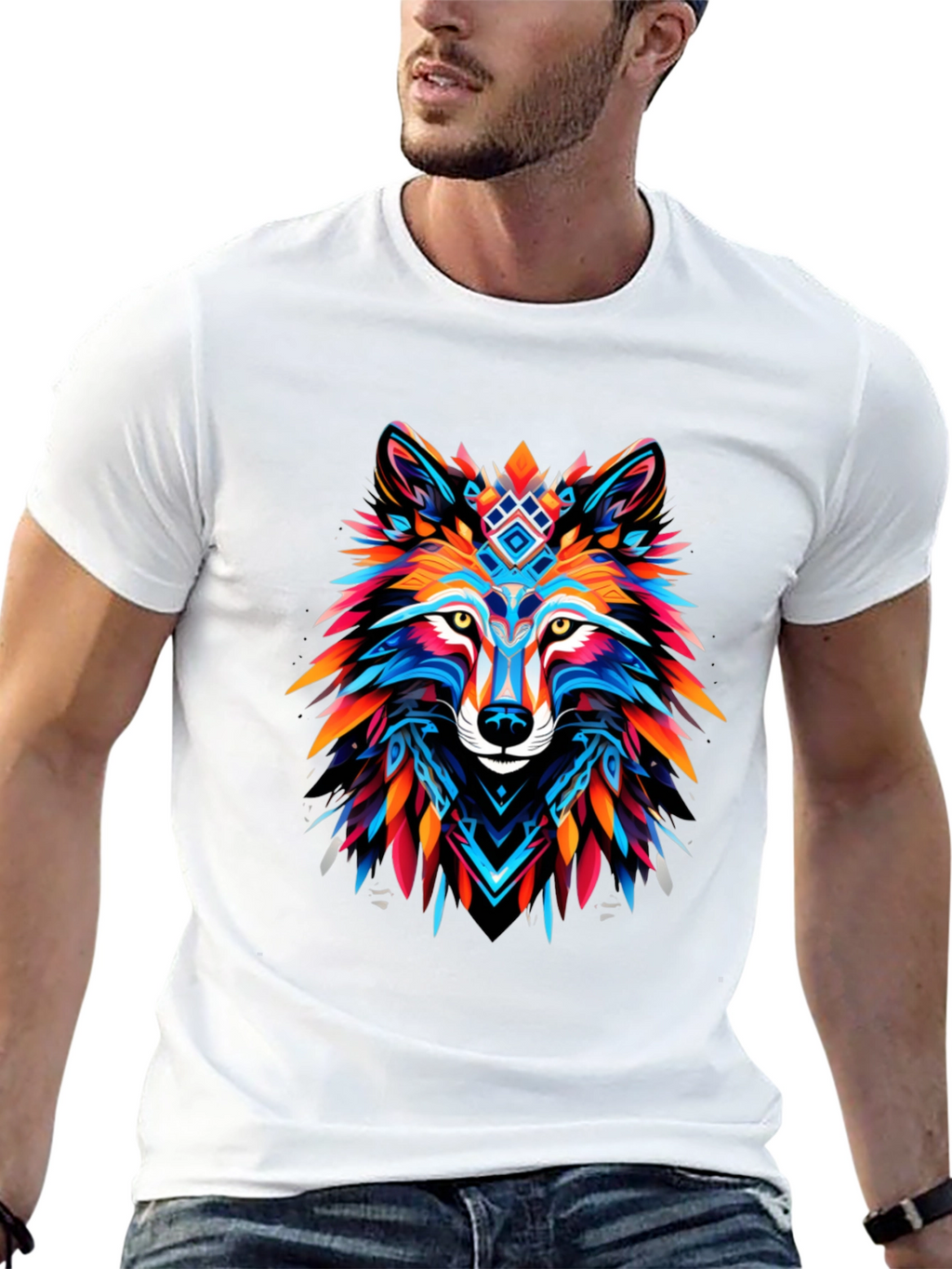 Vibrant Wolf Graphic Tee - Bold Black Cotton T-Shirt