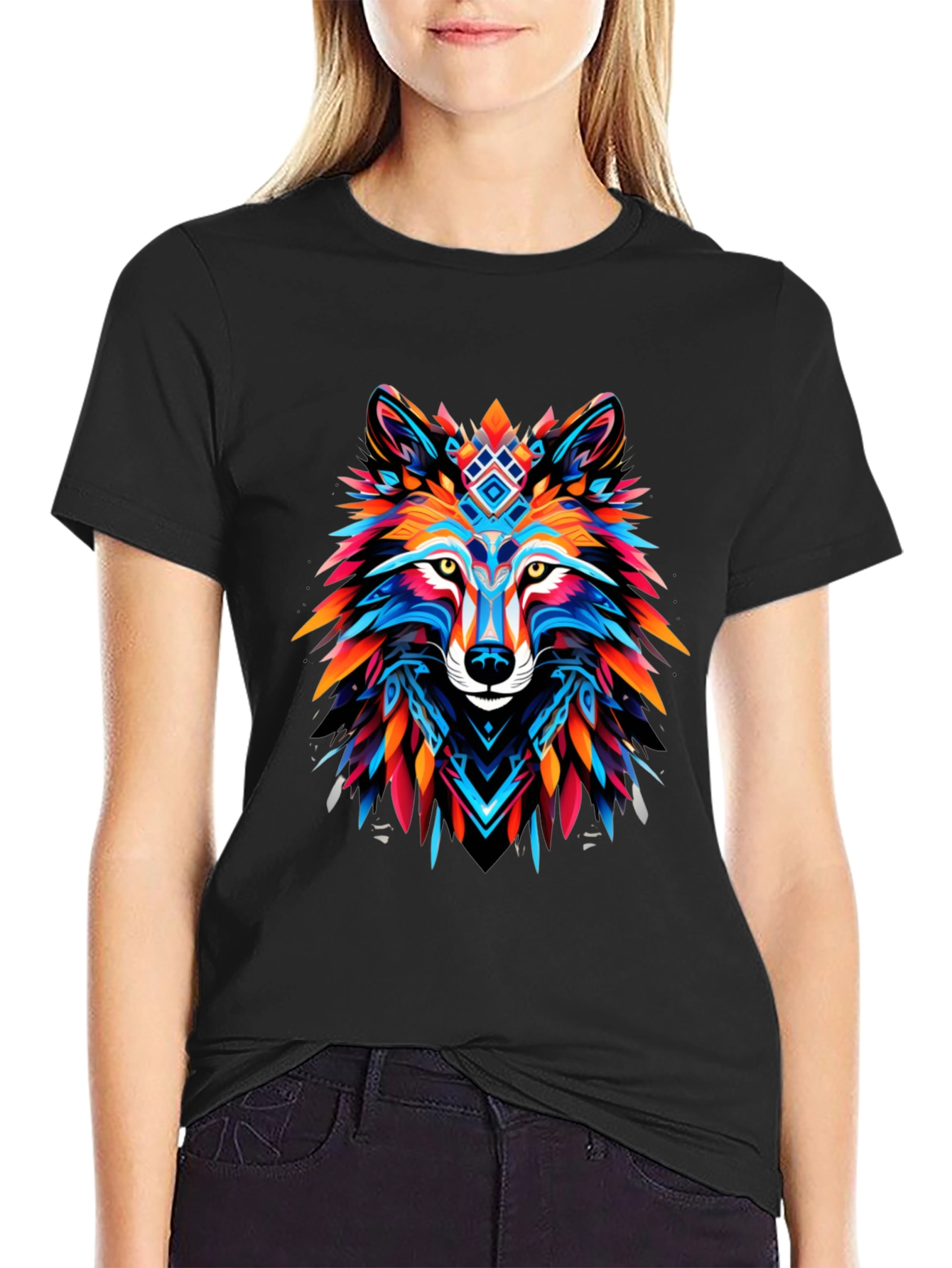 Vibrant Wolf Graphic Tee - Bold Black Cotton T-Shirt