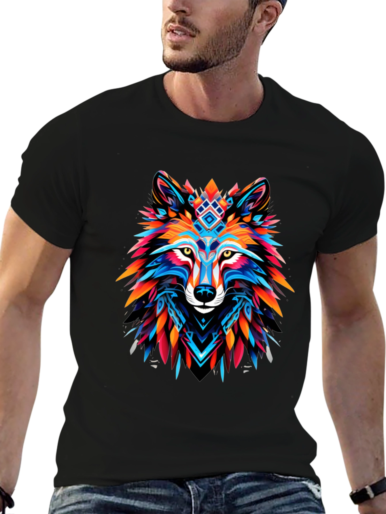 Vibrant Wolf Graphic Tee - Bold Black Cotton T-Shirt