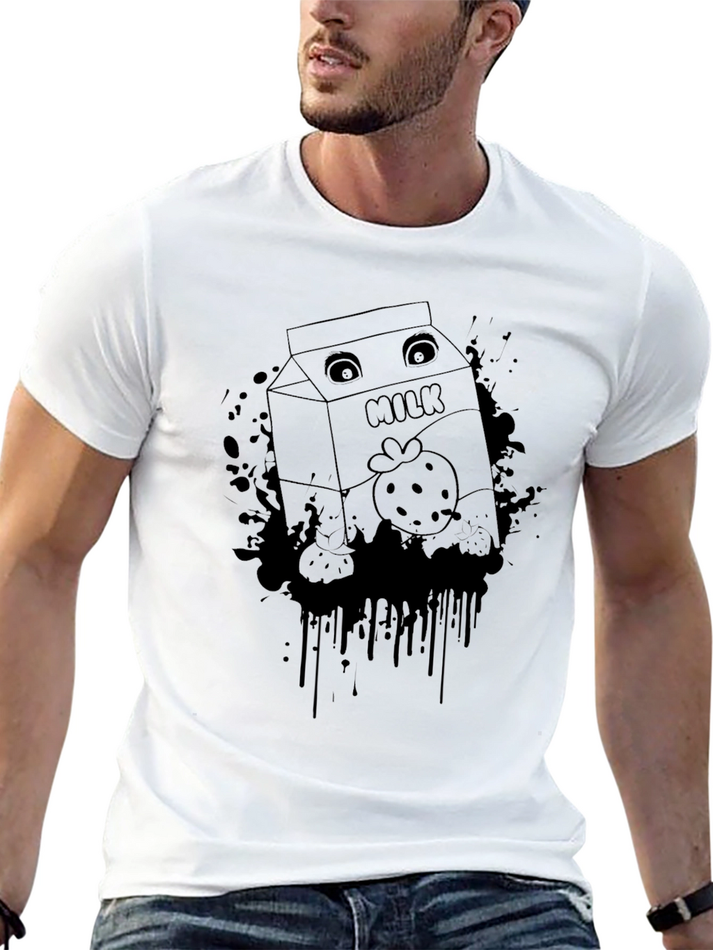 Strawberry Milk Cartoon Graphic Black T-Shirt
