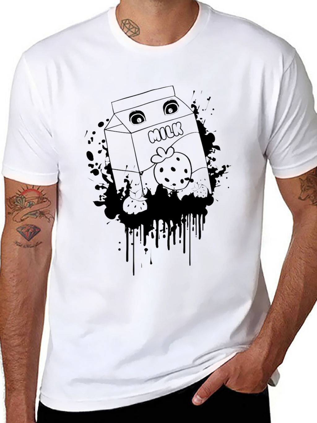 Strawberry Milk Cartoon Graphic Black T-Shirt
