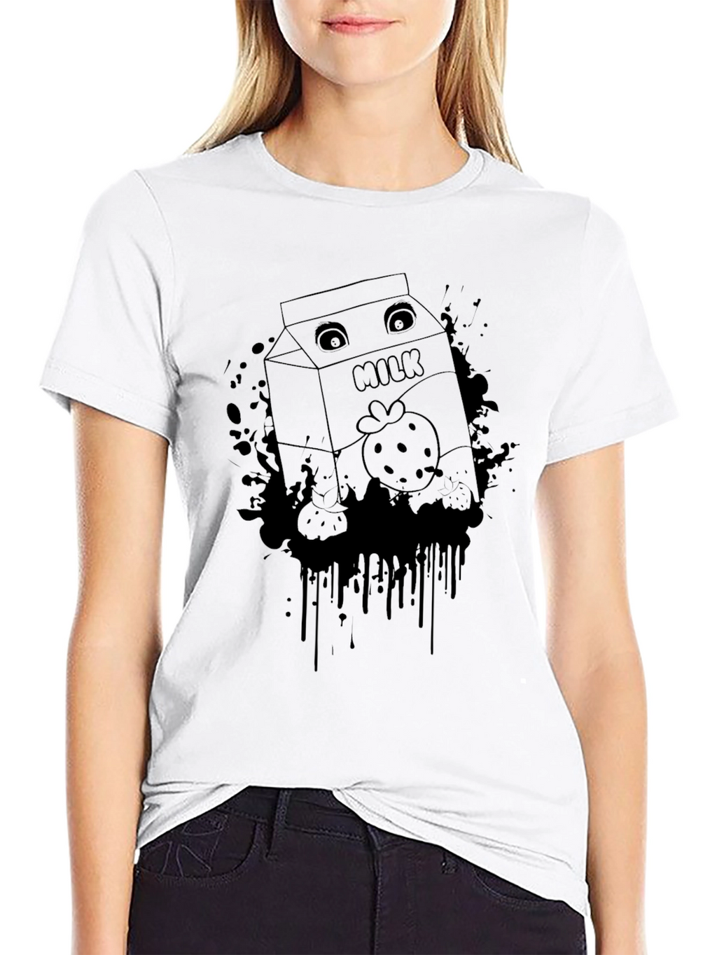 Strawberry Milk Cartoon Graphic Black T-Shirt