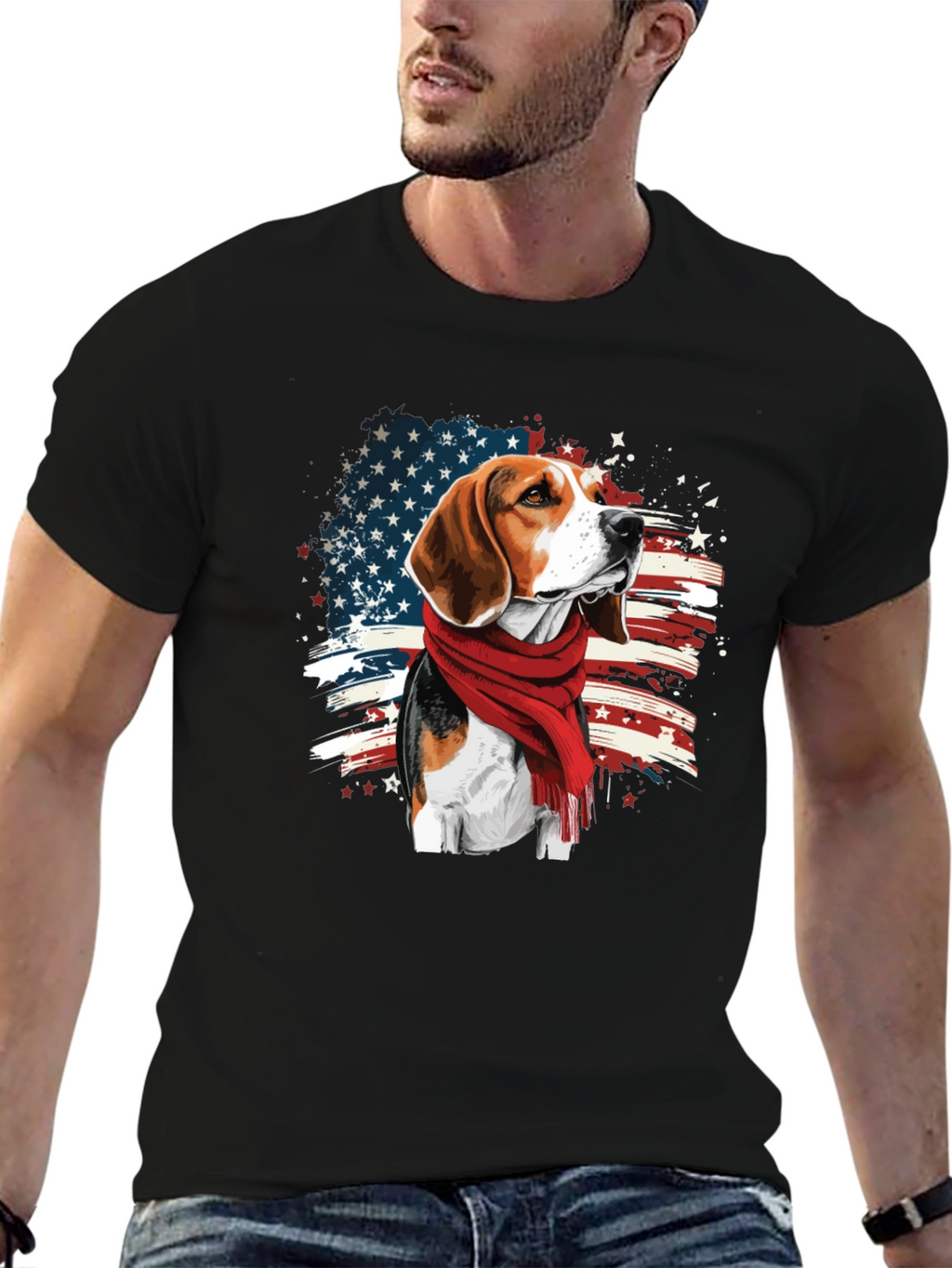 Patriotic Beagle T-Shirt - USA Flag Scarf