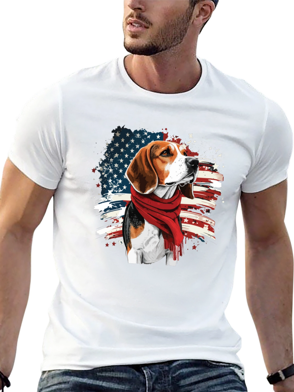 Patriotic Beagle T-Shirt - USA Flag Scarf