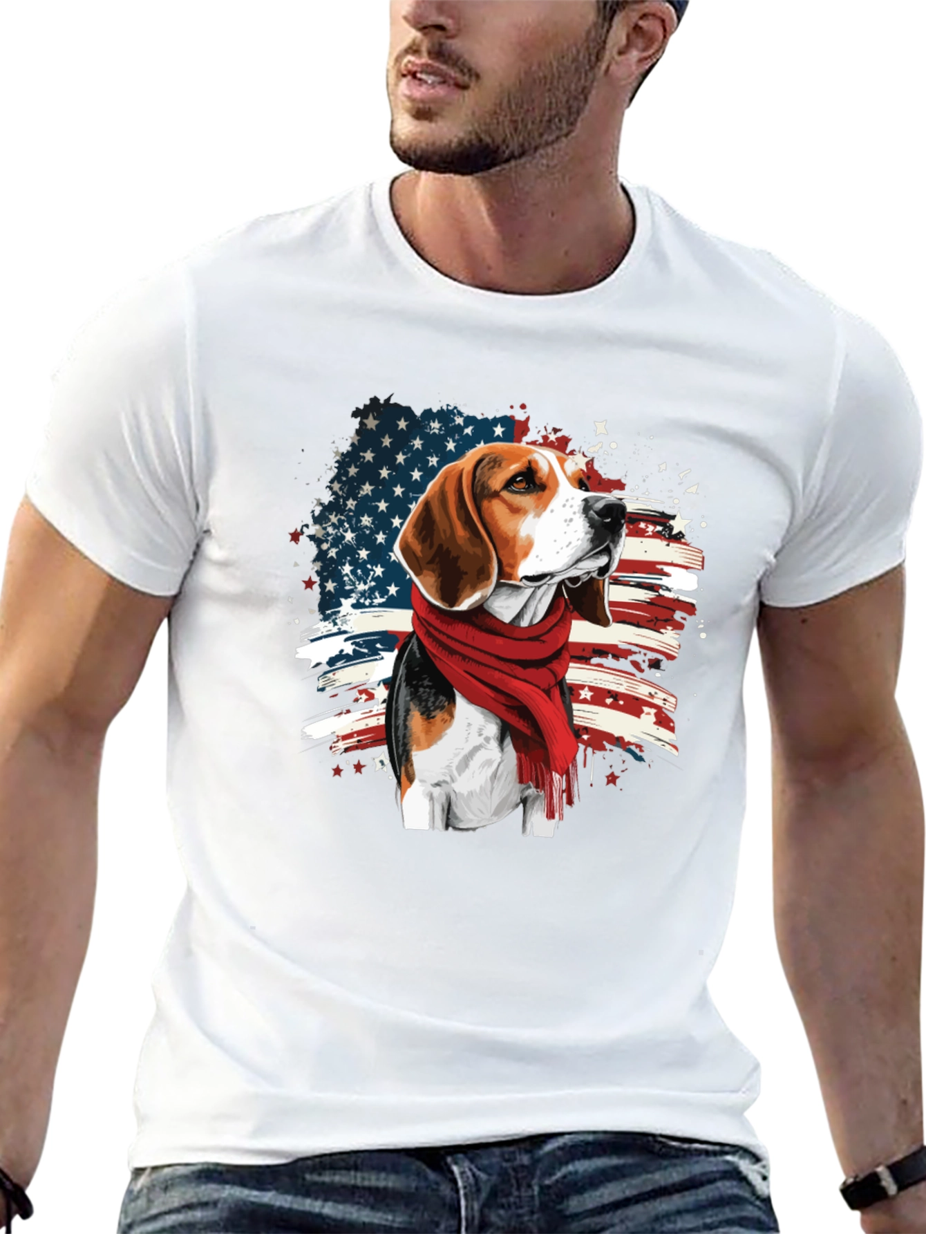 Patriotic Beagle T-Shirt - USA Flag Scarf