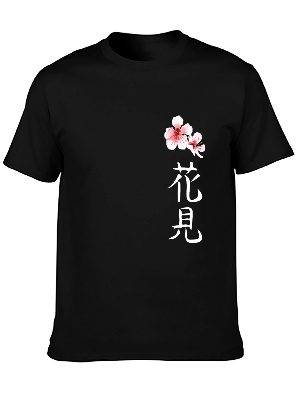 Black T-Shirt with Floral Japanese Kanji Design